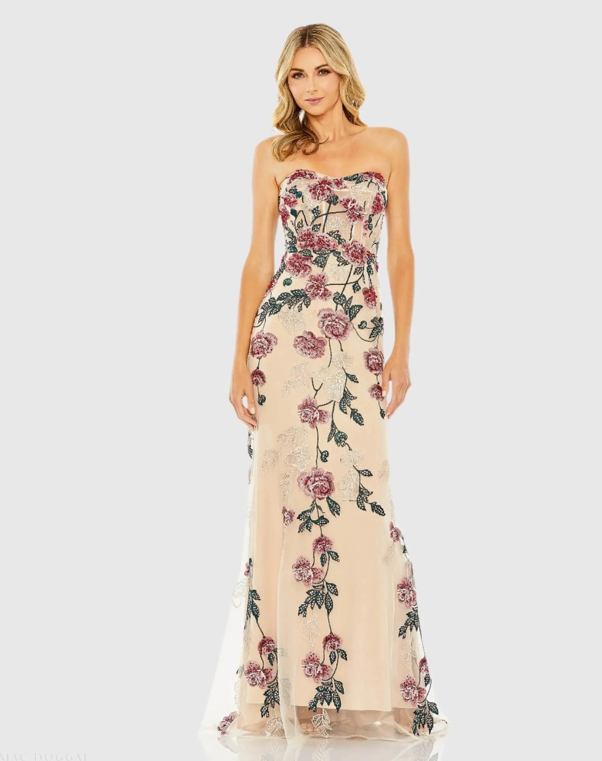 Beige Floral Embroidered Strapless Gown - Mac Duggal