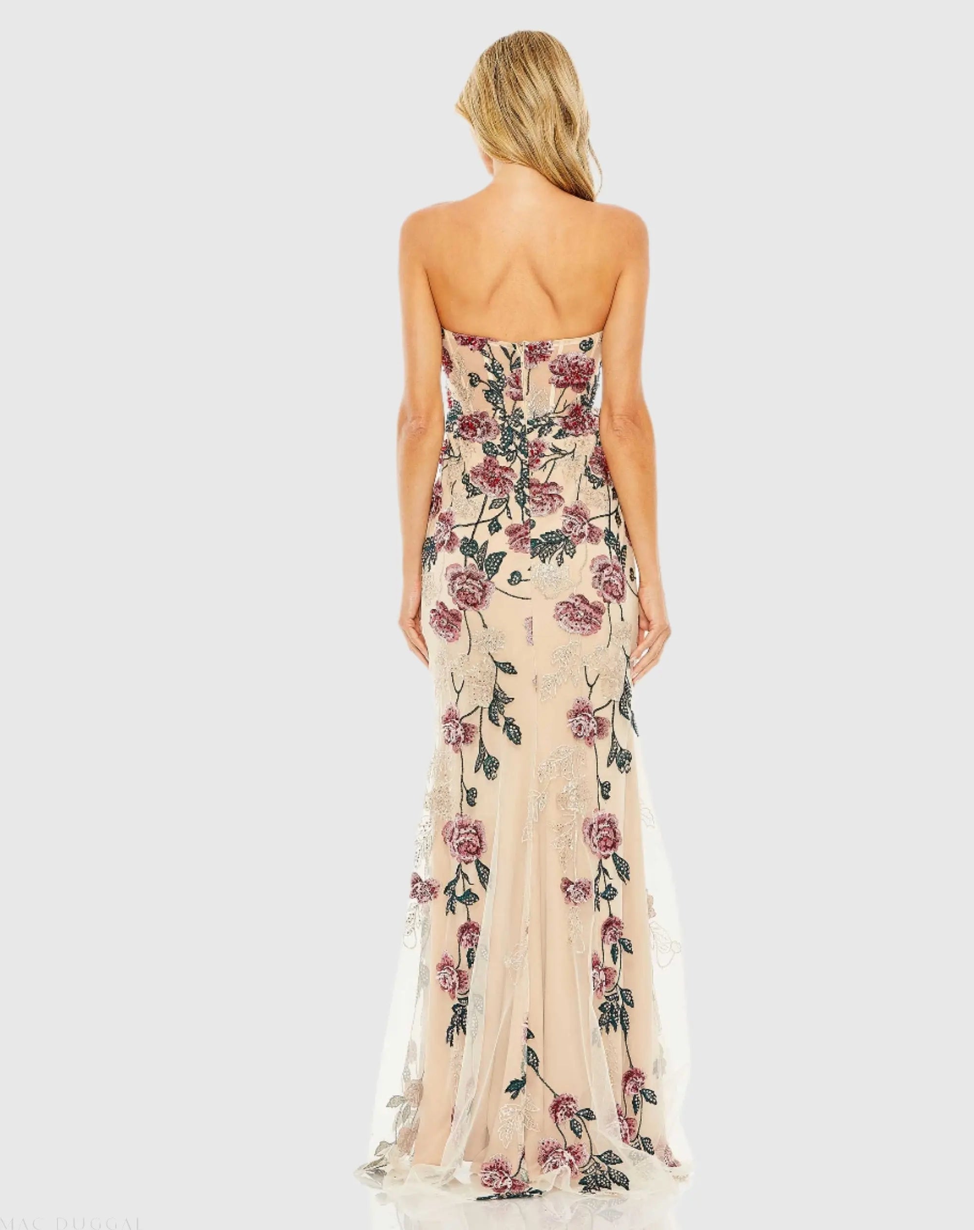 Beige Floral Embroidered Strapless Gown - Mac Duggal