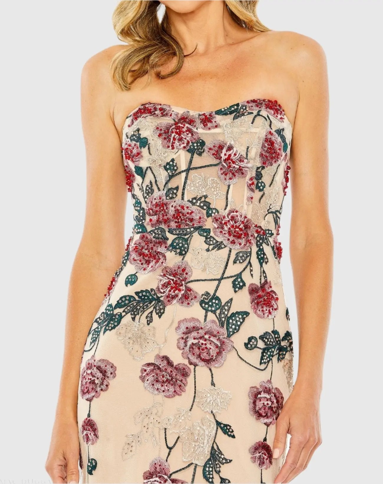 Beige Floral Embroidered Strapless Gown - Mac Duggal