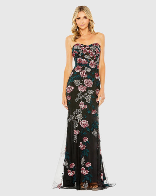 Strapless Floral Embroidered Gown