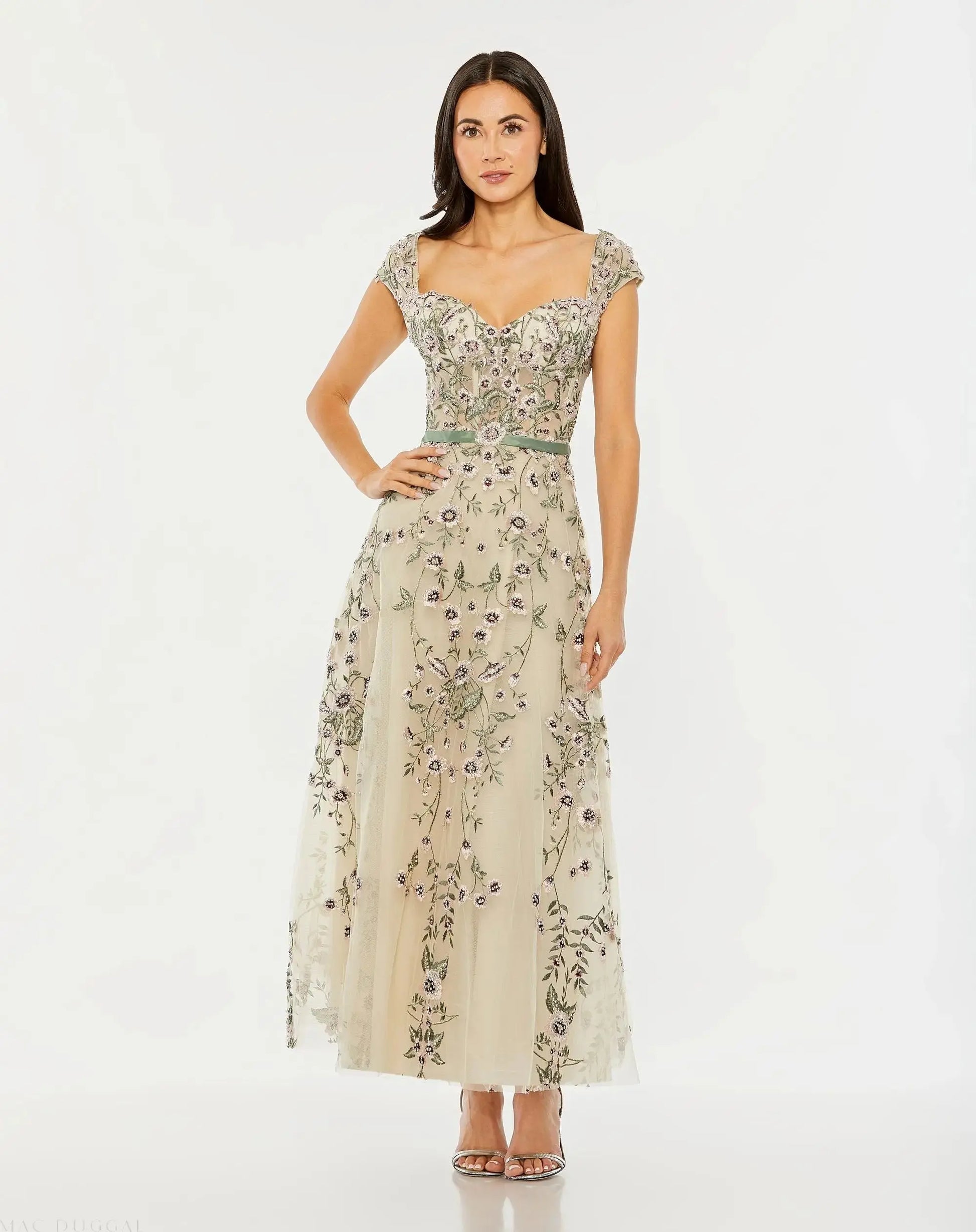 Ivory Floral Embroidered Sweetheart Neckline Midi Dress | Mac Duggal Ivory Floral Embroidered Sweetheart Neckline Midi Dress | Mac Duggal