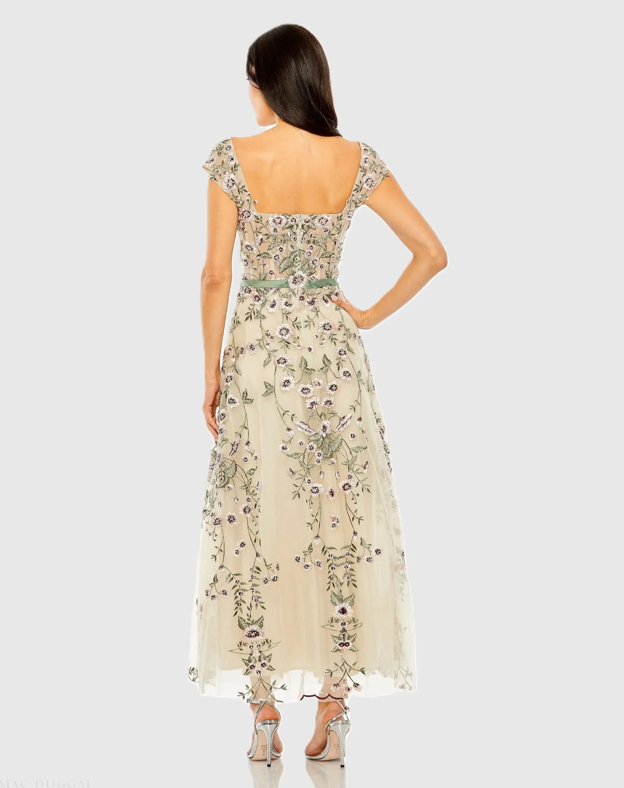 Ivory Floral Embroidered Sweetheart Neckline Midi Dress - Mac Duggal