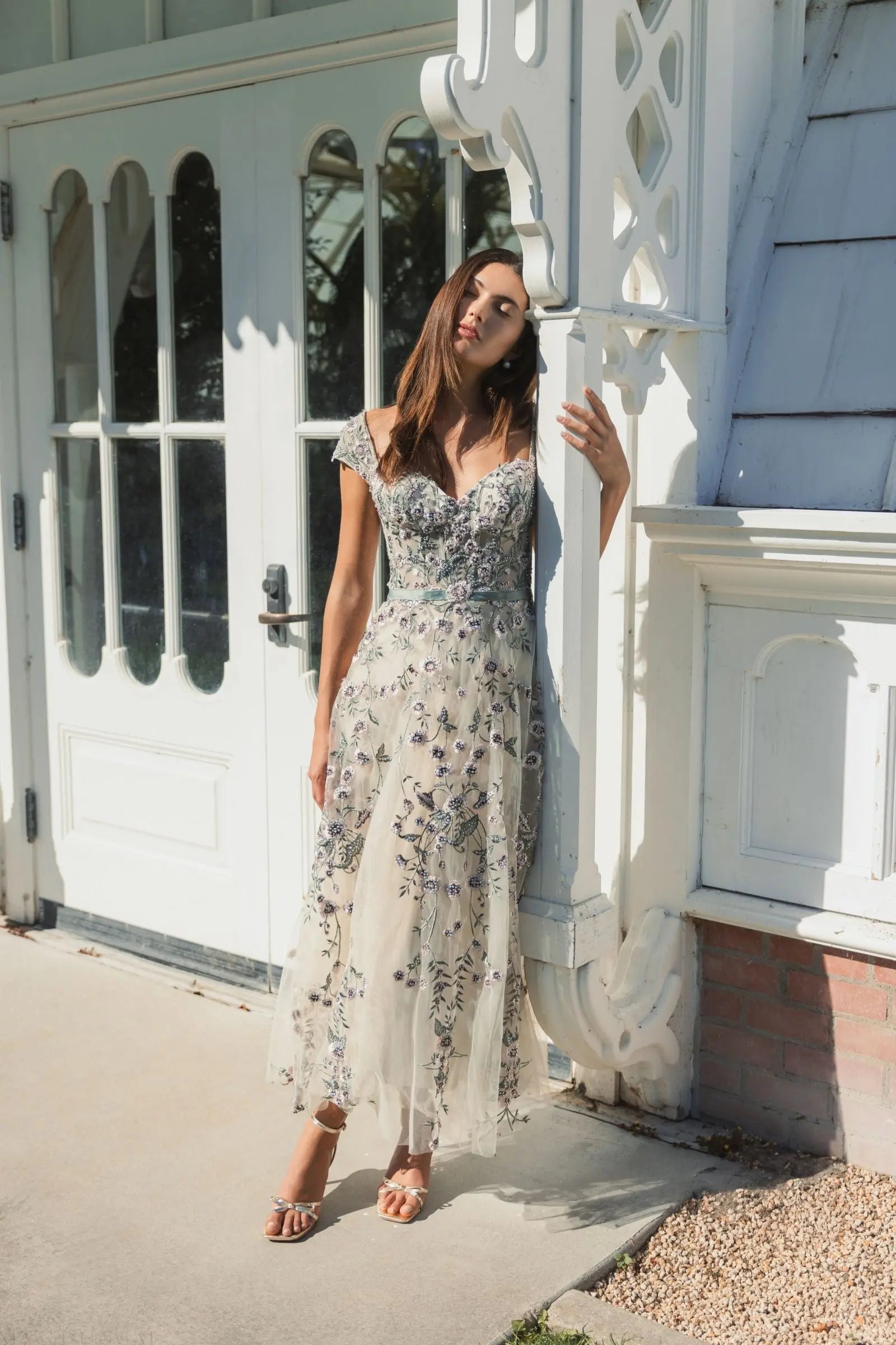 Ivory Floral Embroidered Sweetheart Neckline Midi Dress | Mac Duggal Ivory Floral Embroidered Sweetheart Neckline Midi Dress | Mac Duggal