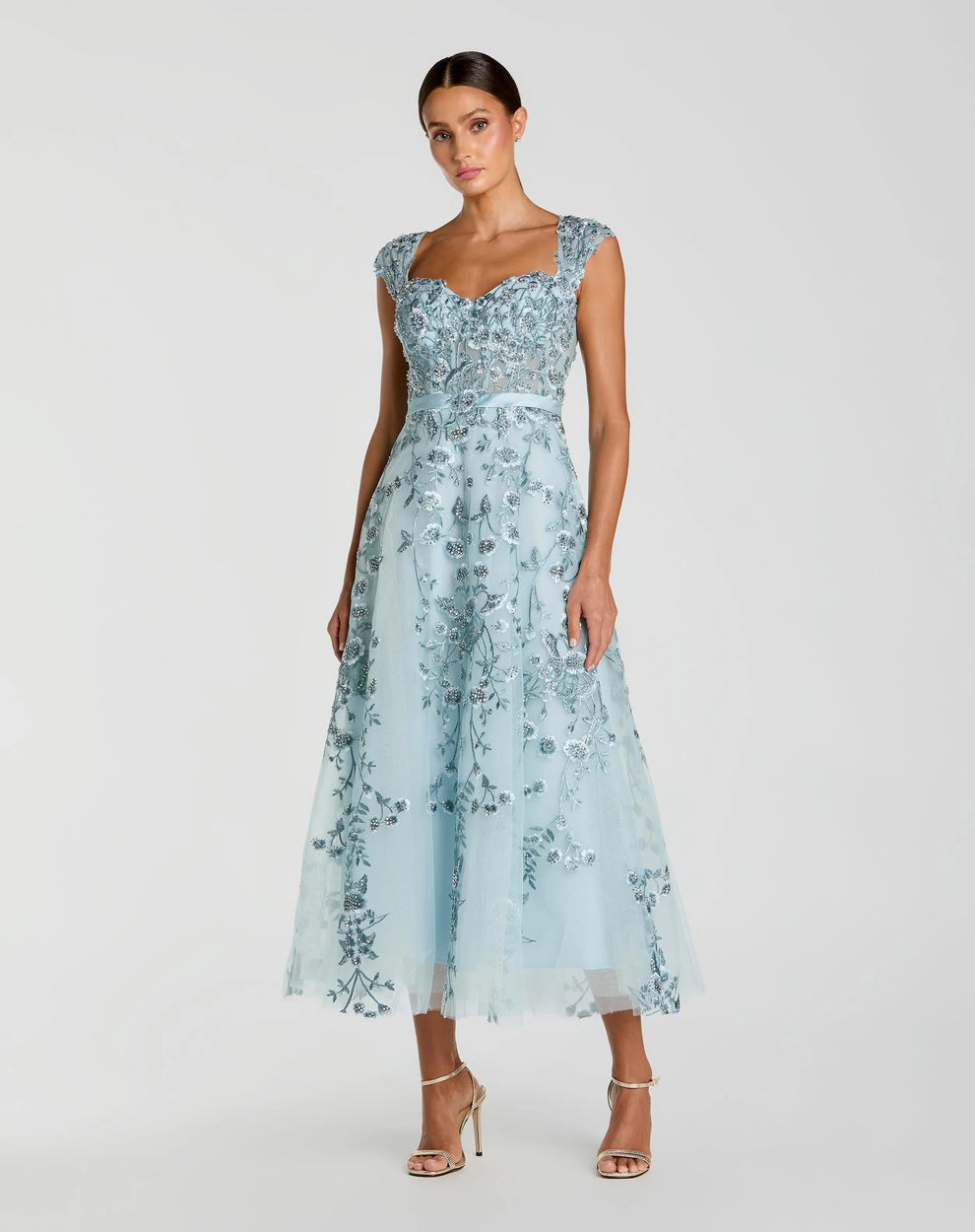 Blue Floral Embroidered Sweetheart Neckline Midi Dress