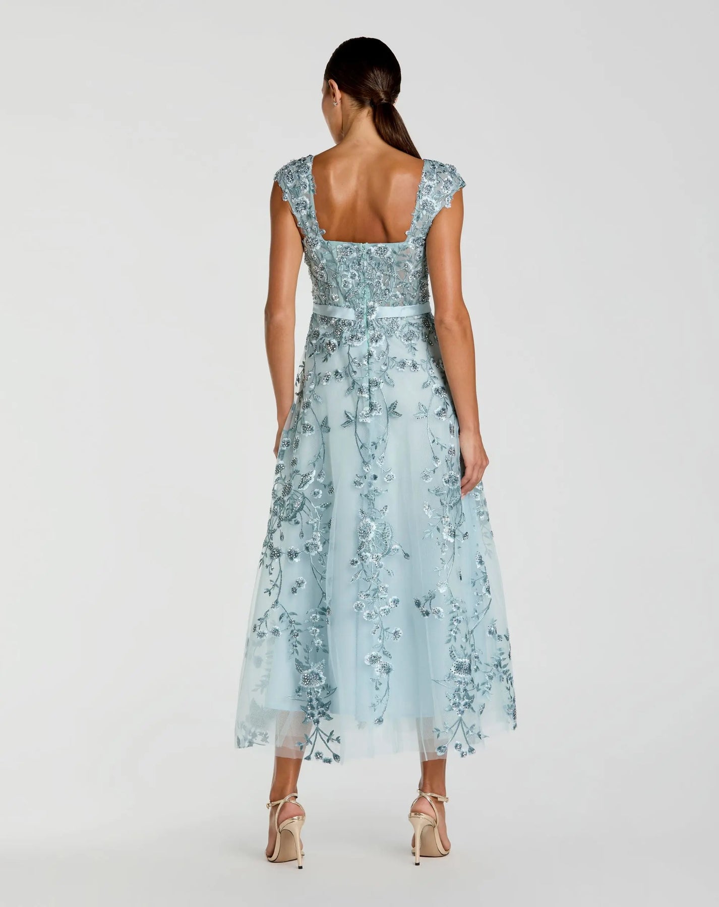Blue Floral Embroidered Sweetheart Neckline Midi Dress