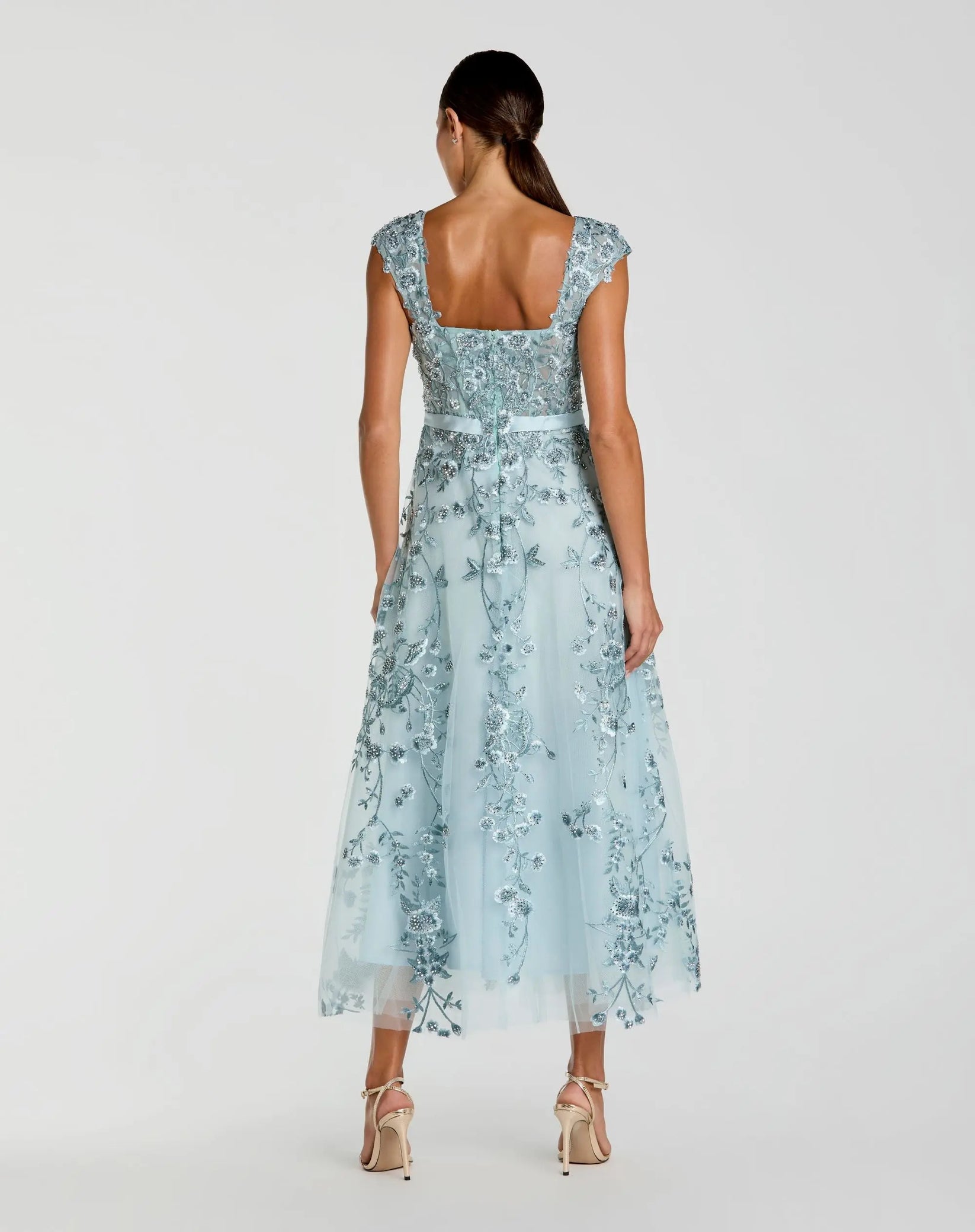Blue Floral Embroidered Sweetheart Neckline Midi Dress