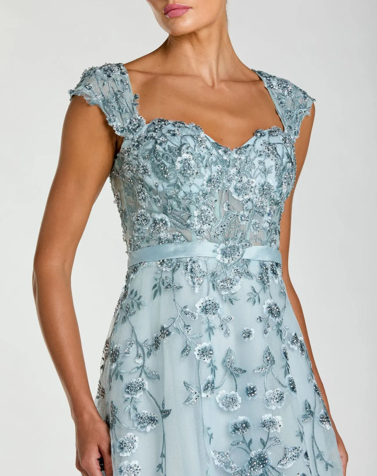 Blue Floral Embroidered Sweetheart Neckline Midi Dress