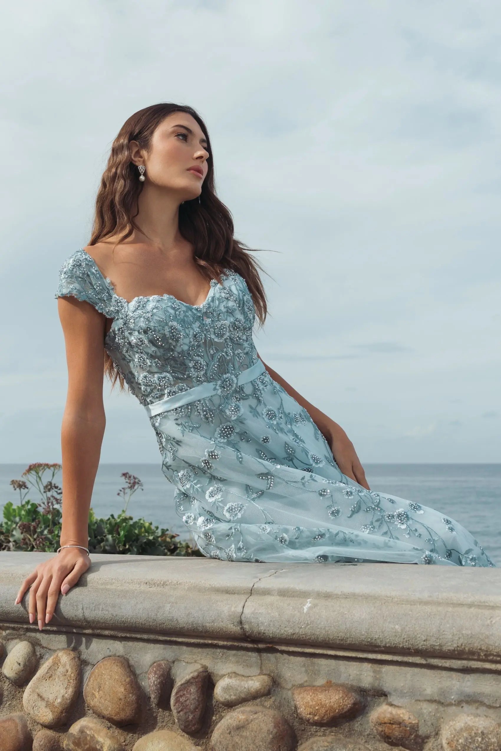 Blue Floral Embroidered Sweetheart Neckline Midi Dress - Mac Duggal