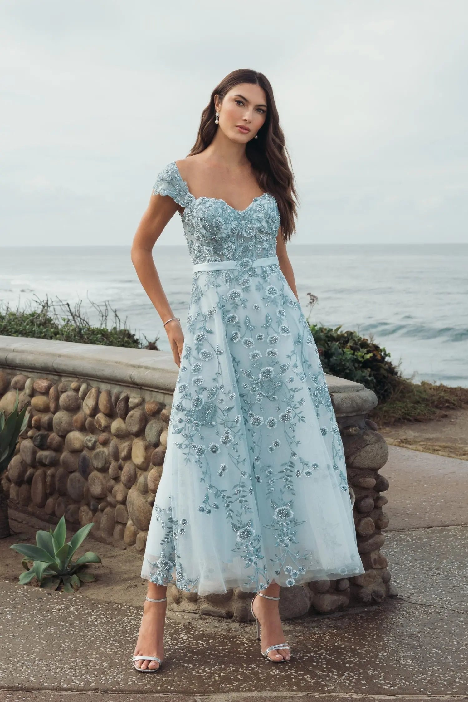 Blue Floral Embroidered Sweetheart Neckline Midi Dress - Mac Duggal