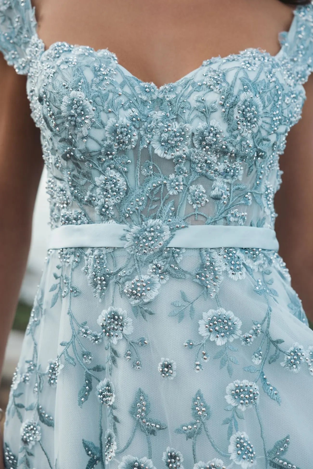 Blue Floral Embroidered Sweetheart Neckline Midi Dress - Mac Duggal