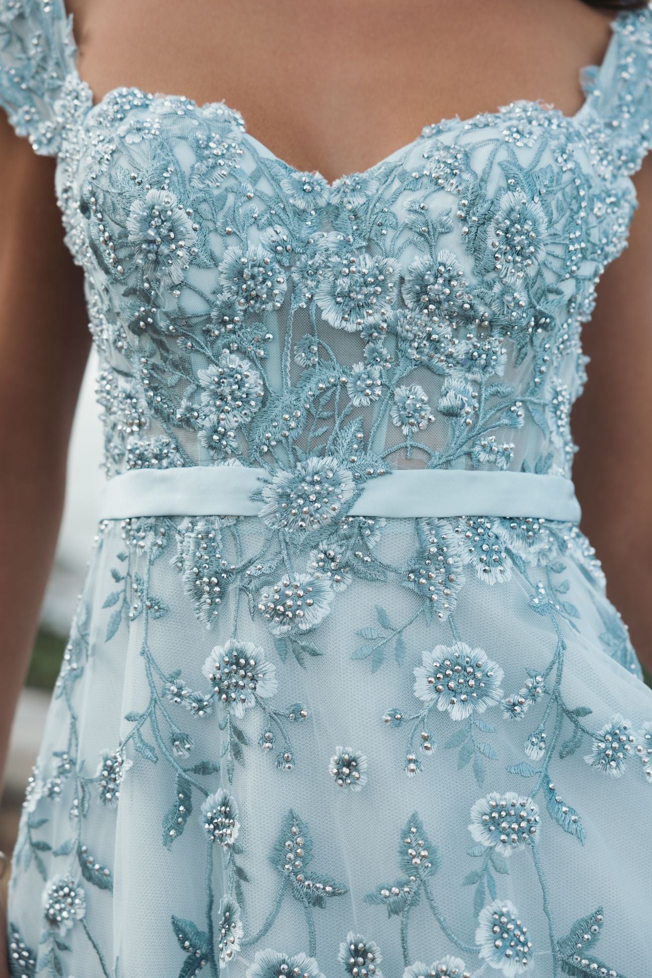 Blue Floral Embroidered Sweetheart Neckline Midi Dress - Mac Duggal