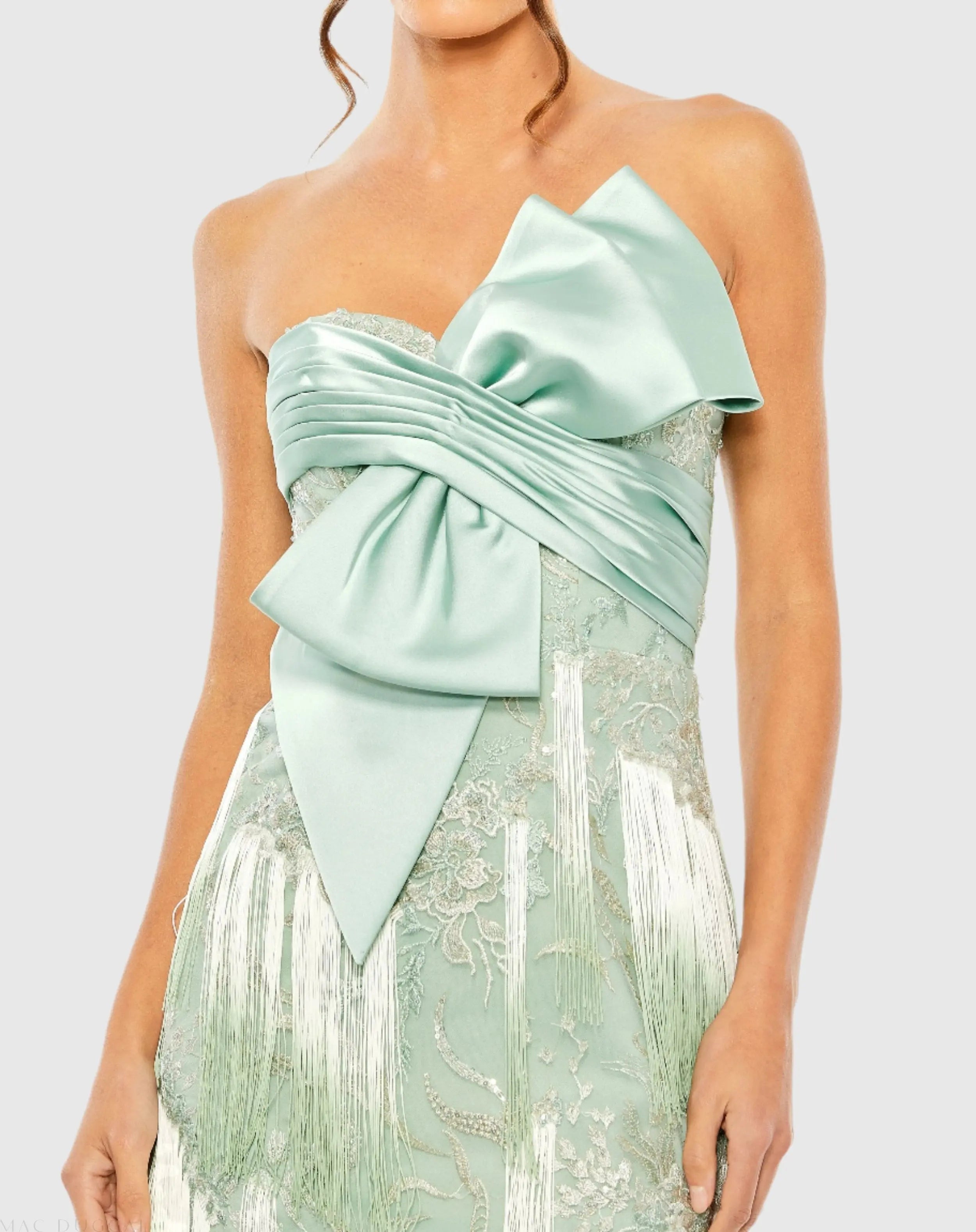 Green Bow Front Ombre Fringe Detailed Dress - Mac Duggal