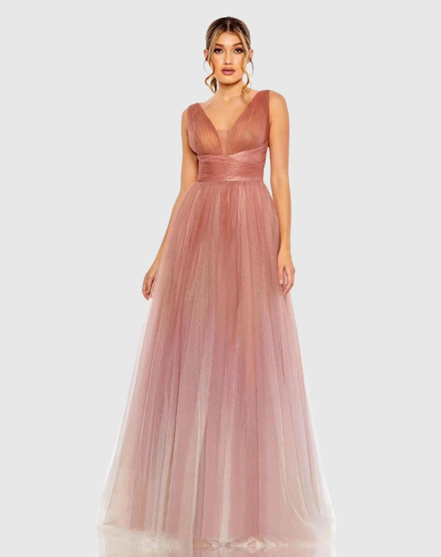 Pink Glitter Ombre V-Neck Sleeveless Gown - Mac Duggal