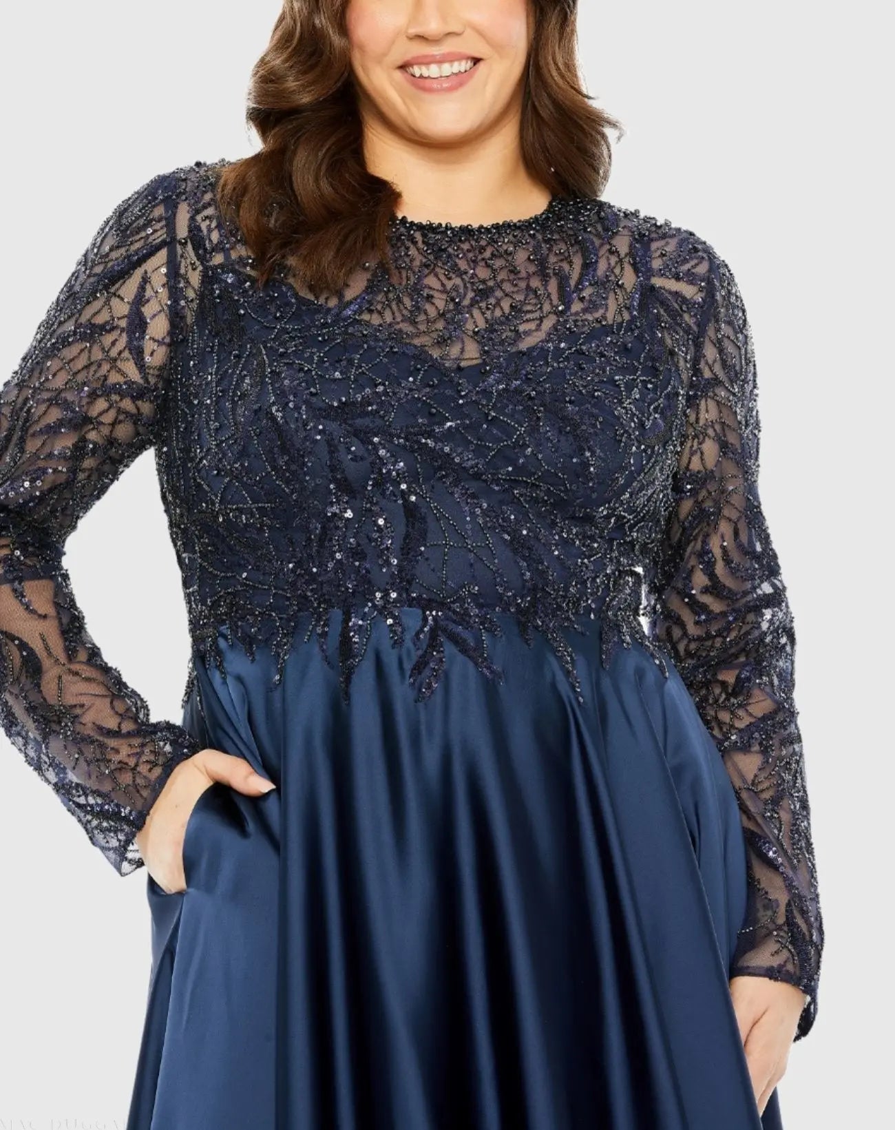 Navy Sheer Long Sleeve Beaded Top Satin Gown (Plus) | Mac Duggal Navy Sheer Long Sleeve Beaded Top Satin Gown (Plus) | Mac Duggal