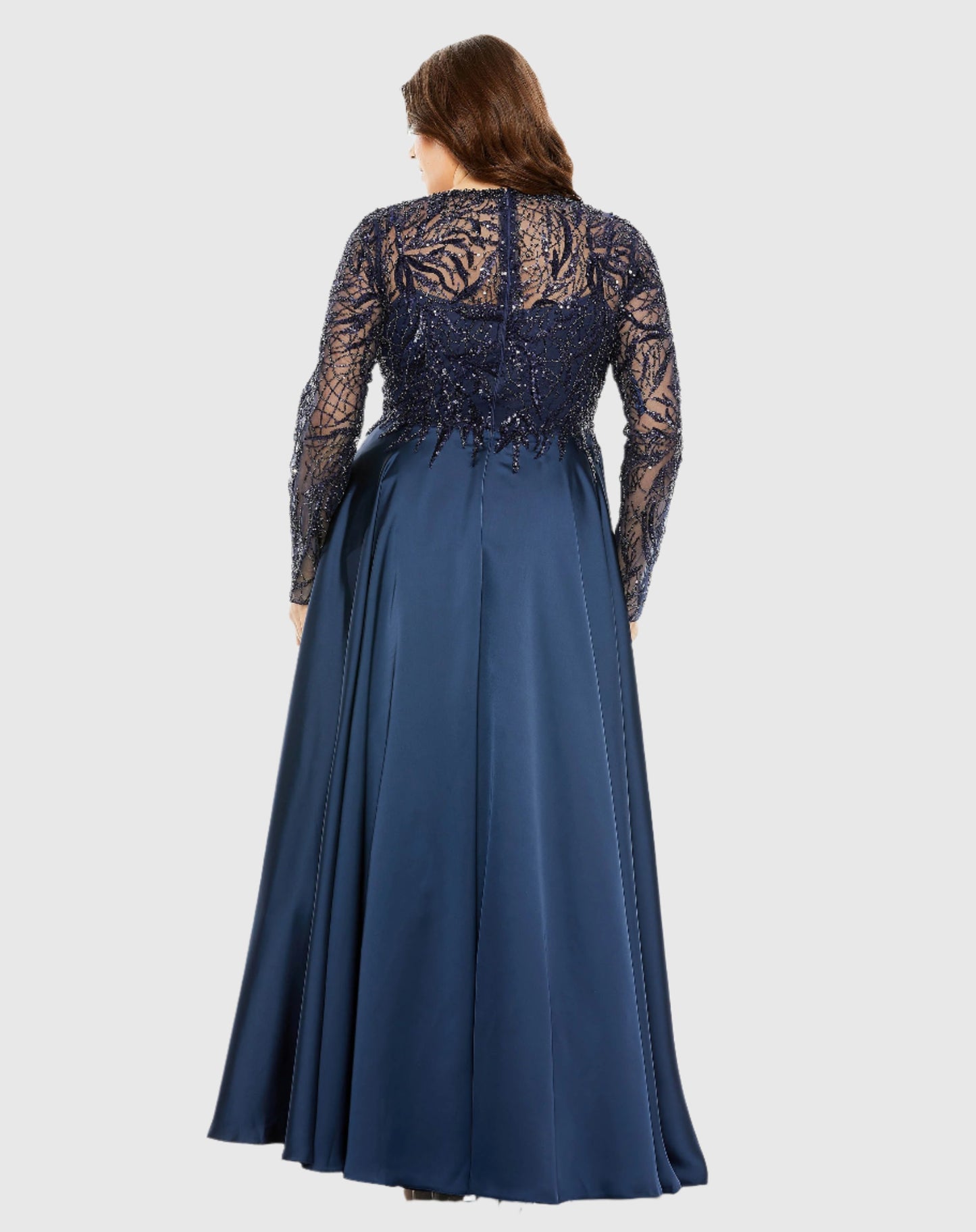 Sheer Long Sleeve Beaded Top Satin Gown