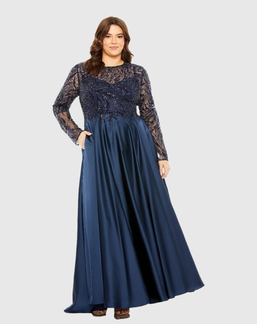 Sheer Long Sleeve Beaded Top Satin Gown