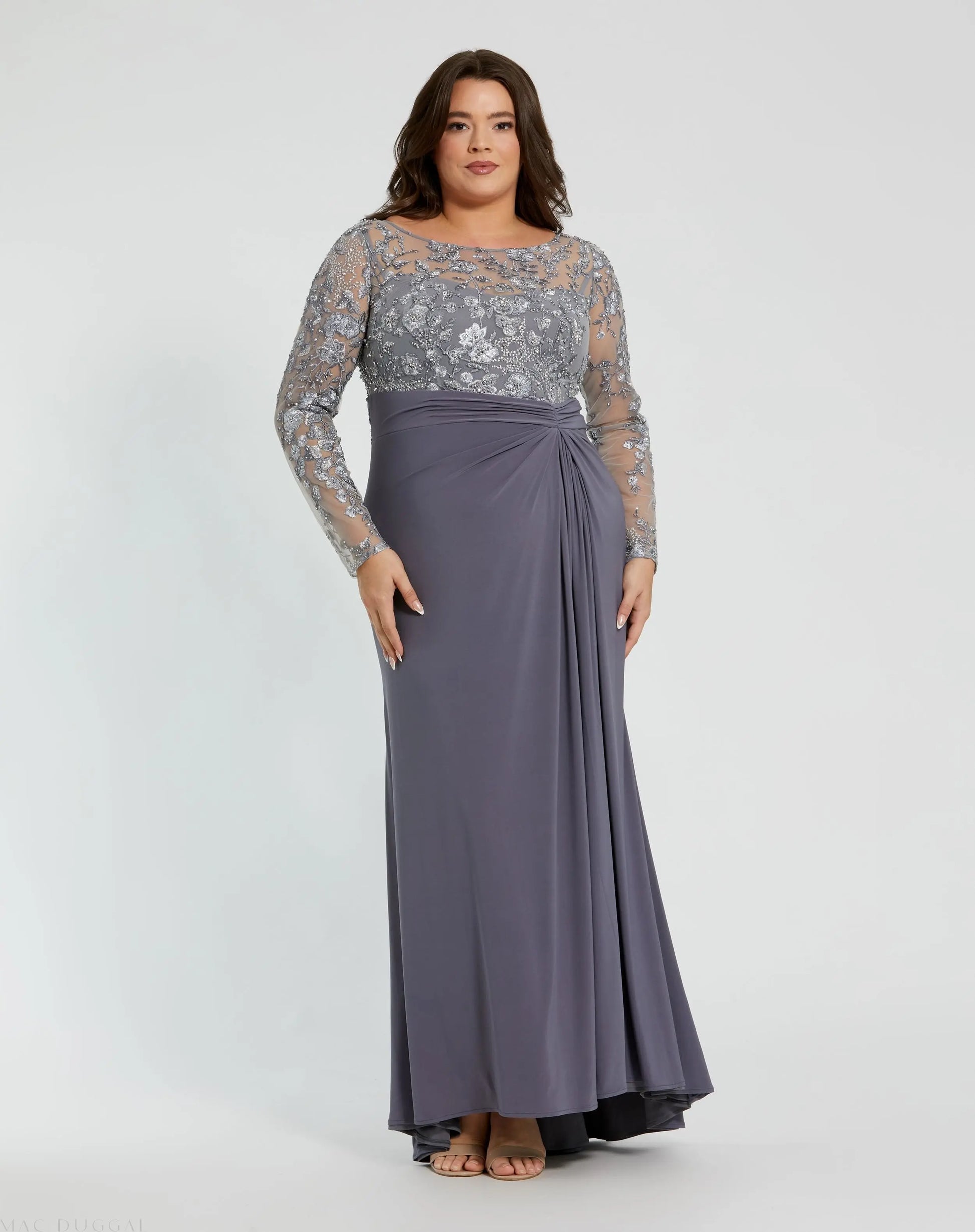 Mac Duggal - Gray Embroidered Top Jersey Skirt Gown (Plus) - Charcoal / US 16W Mac Duggal - Gray Embroidered Top Jersey Skirt Gown (Plus) - Charcoal / US 16W