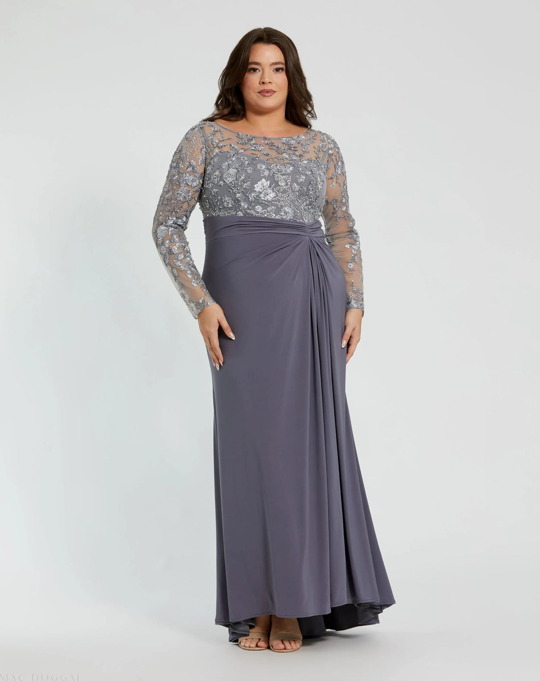 Mac Duggal - Gray Embroidered Top Jersey Skirt Gown (Plus) - Charcoal / US 16W Mac Duggal - Gray Embroidered Top Jersey Skirt Gown (Plus) - Charcoal / US 16W