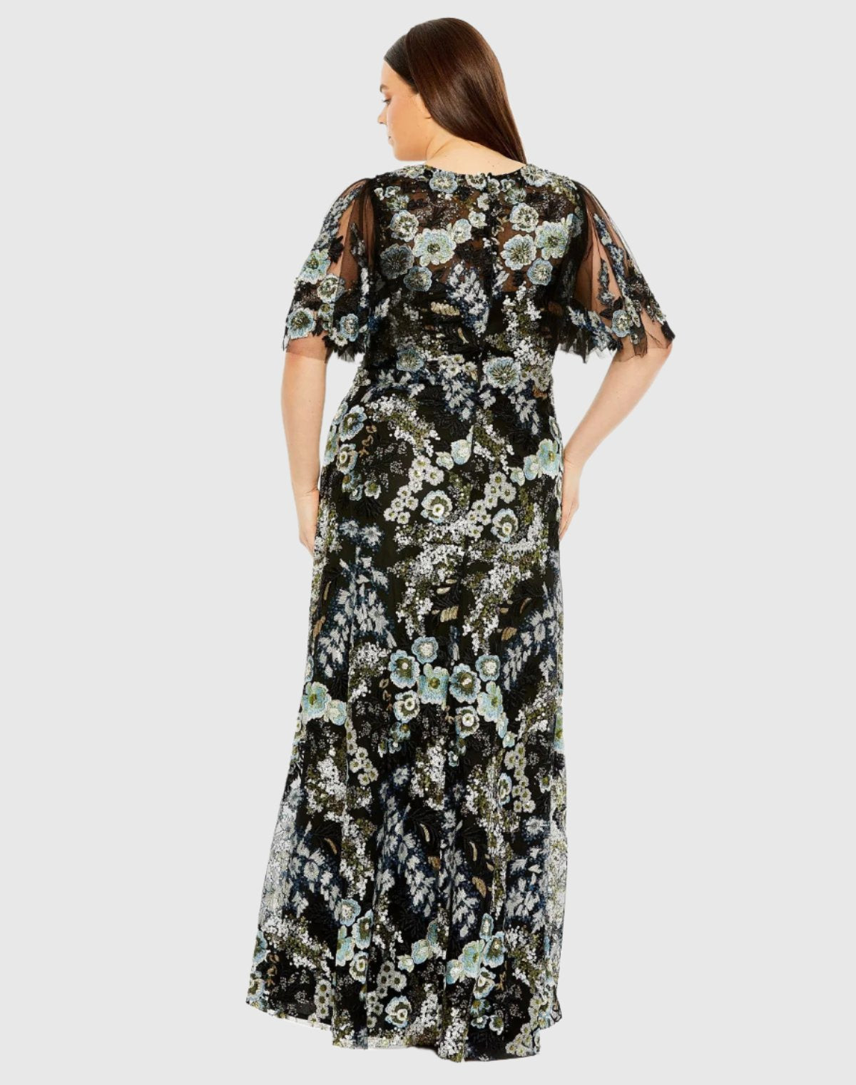 Sheer Sleeve V-Neck Floral Embroidered Gown