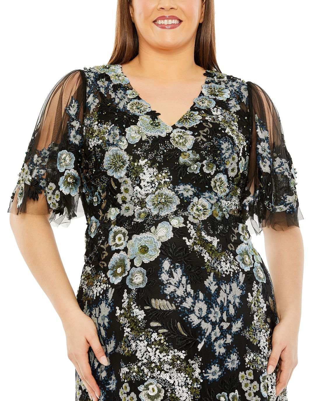 Sheer Sleeve V-Neck Floral Embroidered Gown