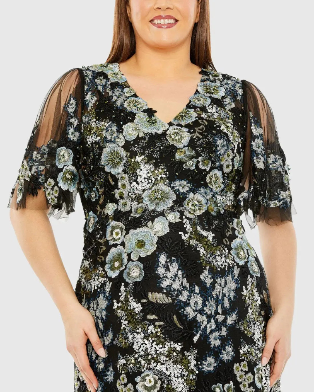Black Sheer Sleeve V-Neck Floral Embroidered Gown (Plus) | Mac Duggal Black Sheer Sleeve V-Neck Floral Embroidered Gown (Plus) | Mac Duggal