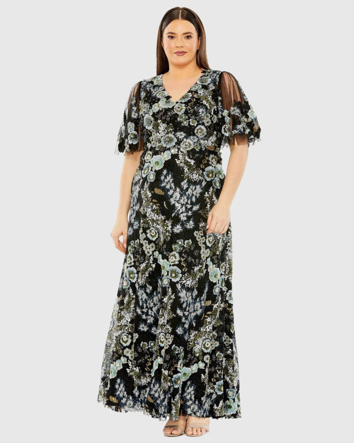 Sheer Sleeve V-Neck Floral Embroidered Gown