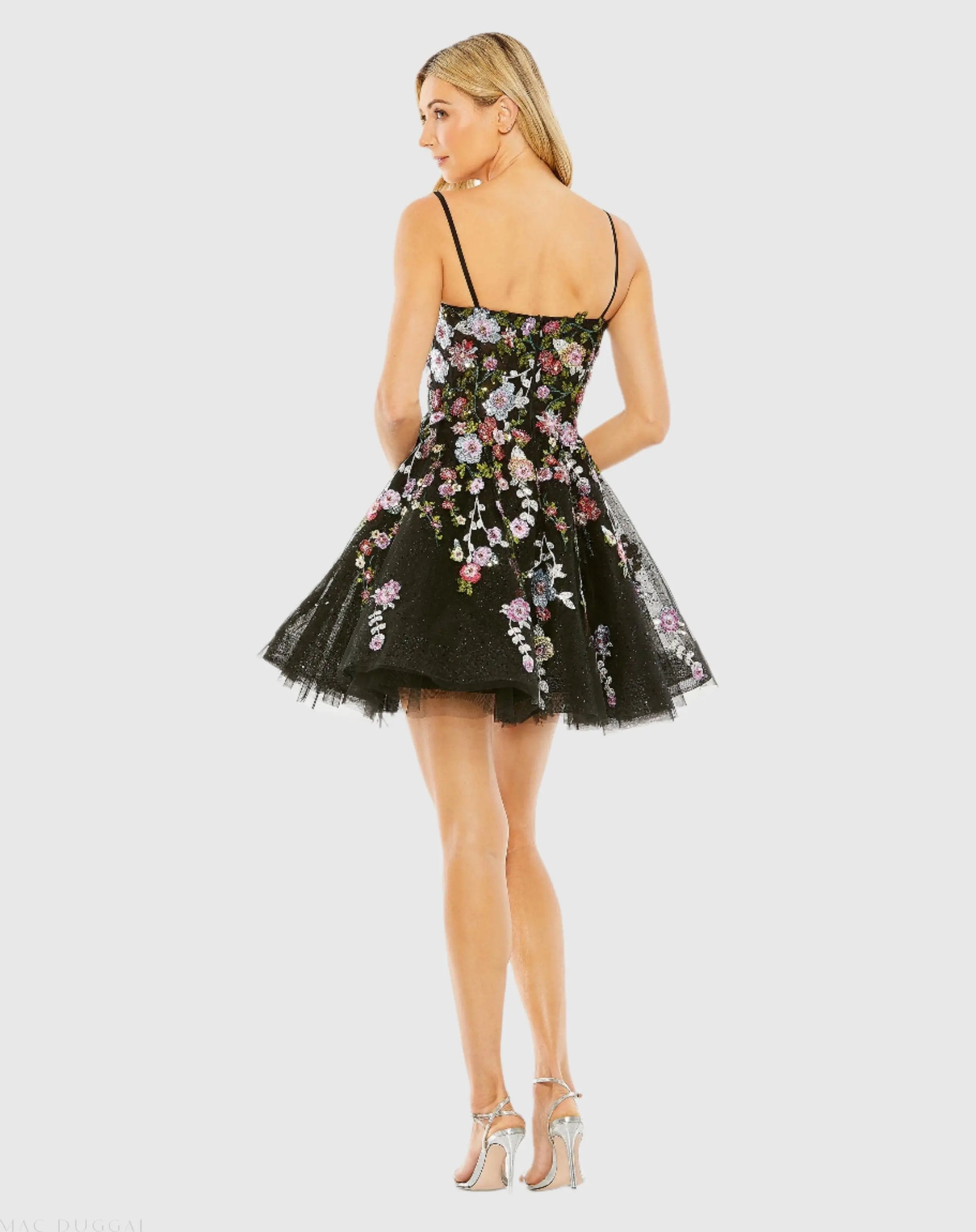 Black Thin Strap Floral Embroidered Mini Dress | Mac Duggal Black Thin Strap Floral Embroidered Mini Dress | Mac Duggal