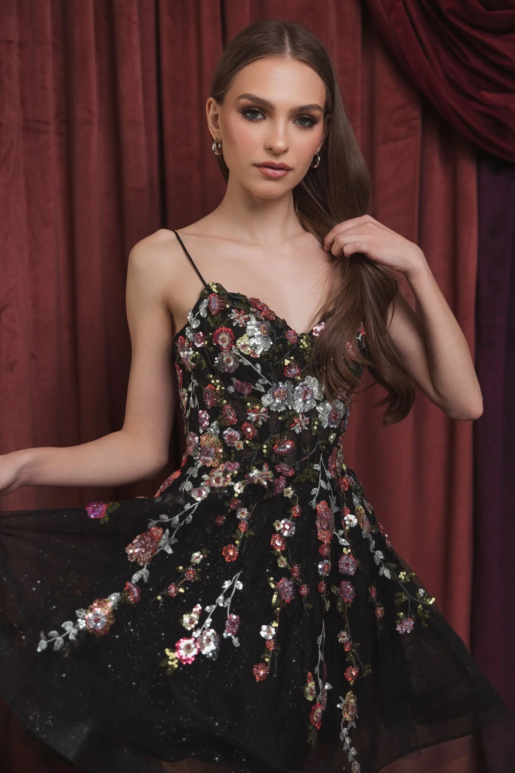 Black Thin Strap Floral Embroidered Mini Dress | Mac Duggal Black Thin Strap Floral Embroidered Mini Dress | Mac Duggal