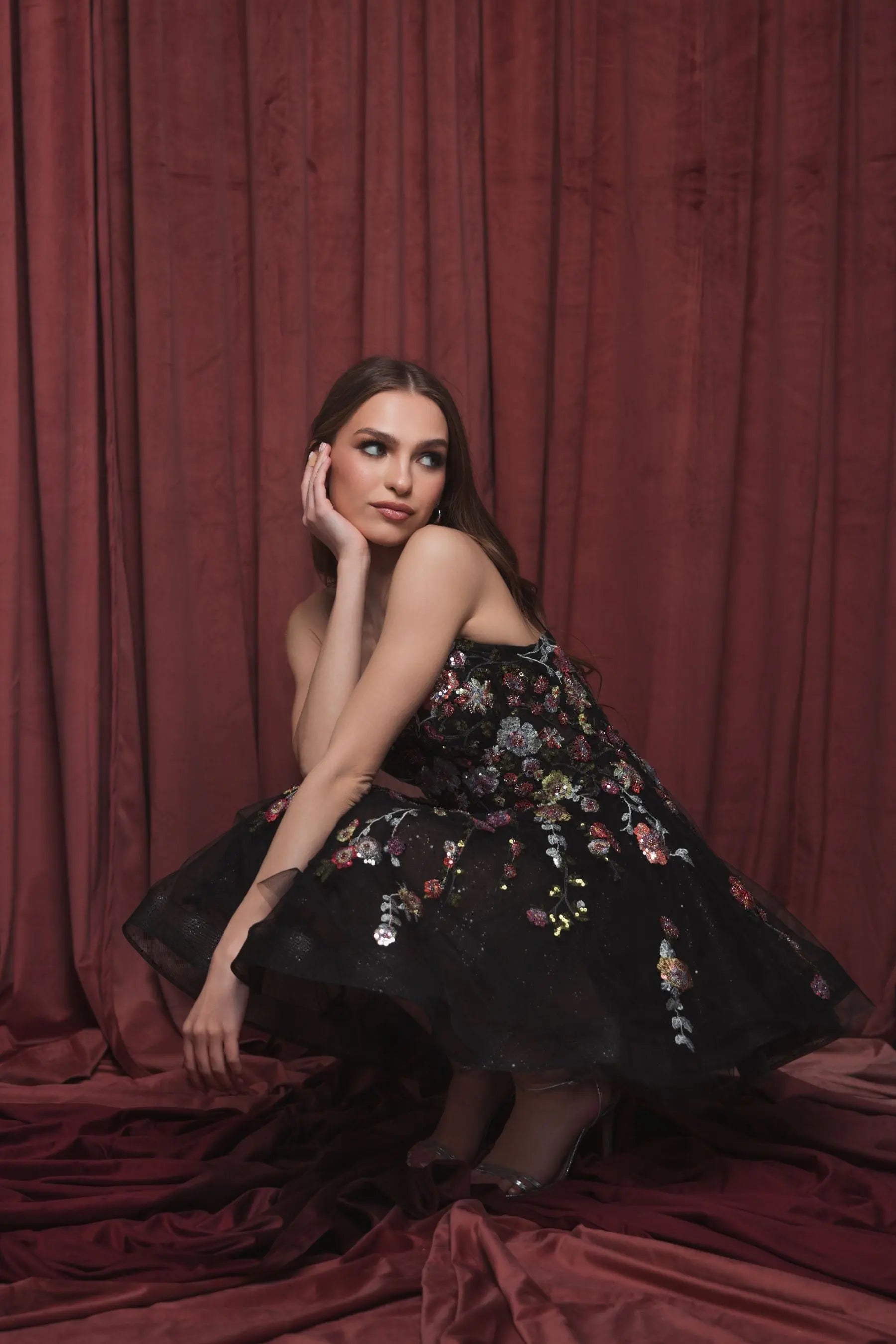 Black Thin Strap Floral Embroidered Mini Dress - Mac Duggal