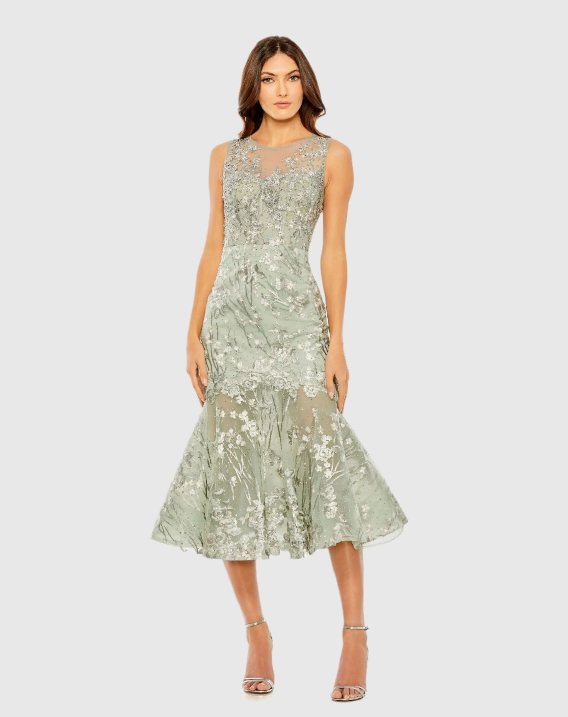 Mac Duggal - Green Sleeveless Embroidered Trumpet Midi Dress - Sage Multi / US 4 Mac Duggal - Green Sleeveless Embroidered Trumpet Midi Dress - Sage Multi / US 4