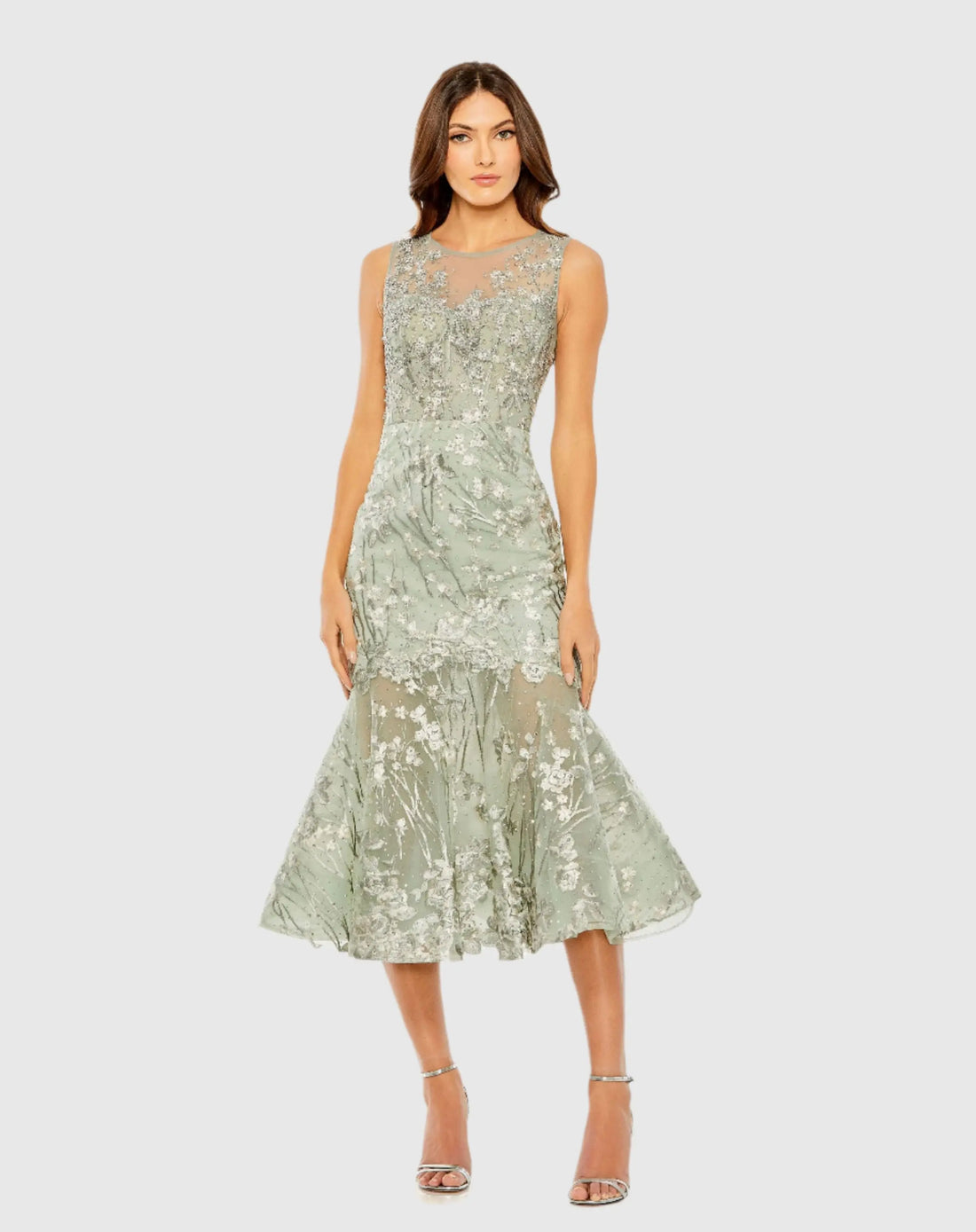 Green Sleeveless Embroidered Trumpet Midi Dress | Mac Duggal Green Sleeveless Embroidered Trumpet Midi Dress | Mac Duggal