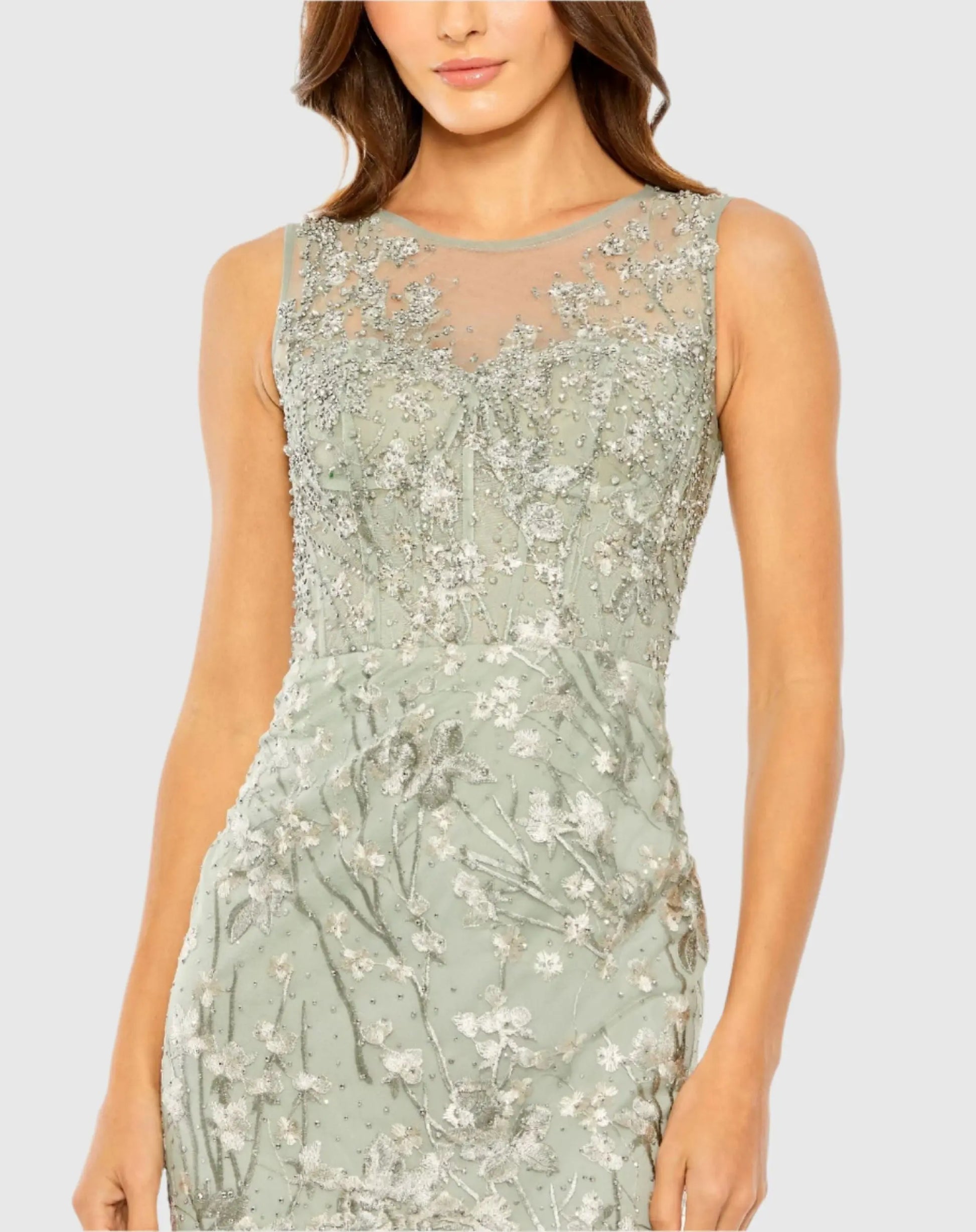 Mac Duggal - Green Sleeveless Embroidered Trumpet Midi Dress - Sage Multi / US 4 Mac Duggal - Green Sleeveless Embroidered Trumpet Midi Dress - Sage Multi / US 4