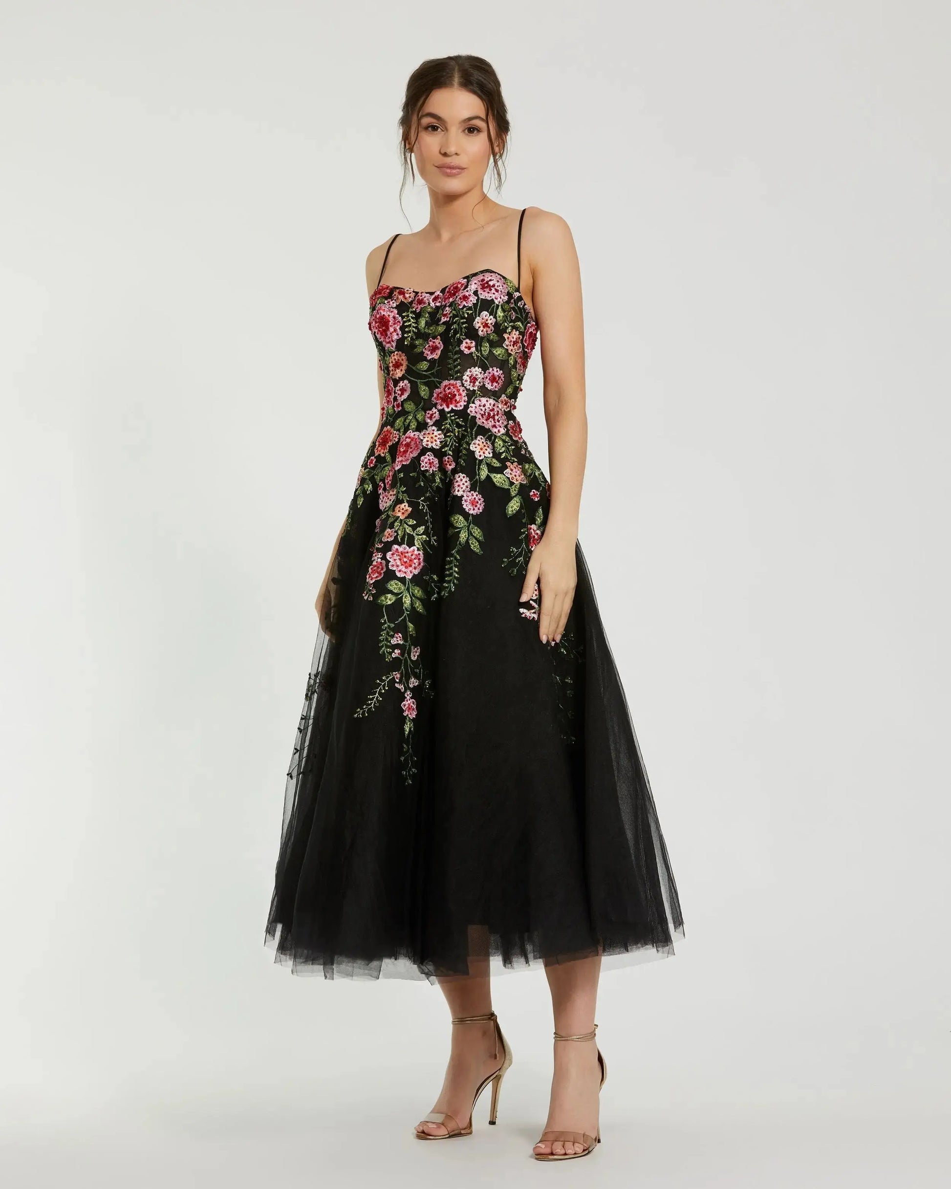 Black Multicolor Bustier Embroidered Floral A-Line Dress Black Multicolor Bustier Embroidered Floral A-Line Dress