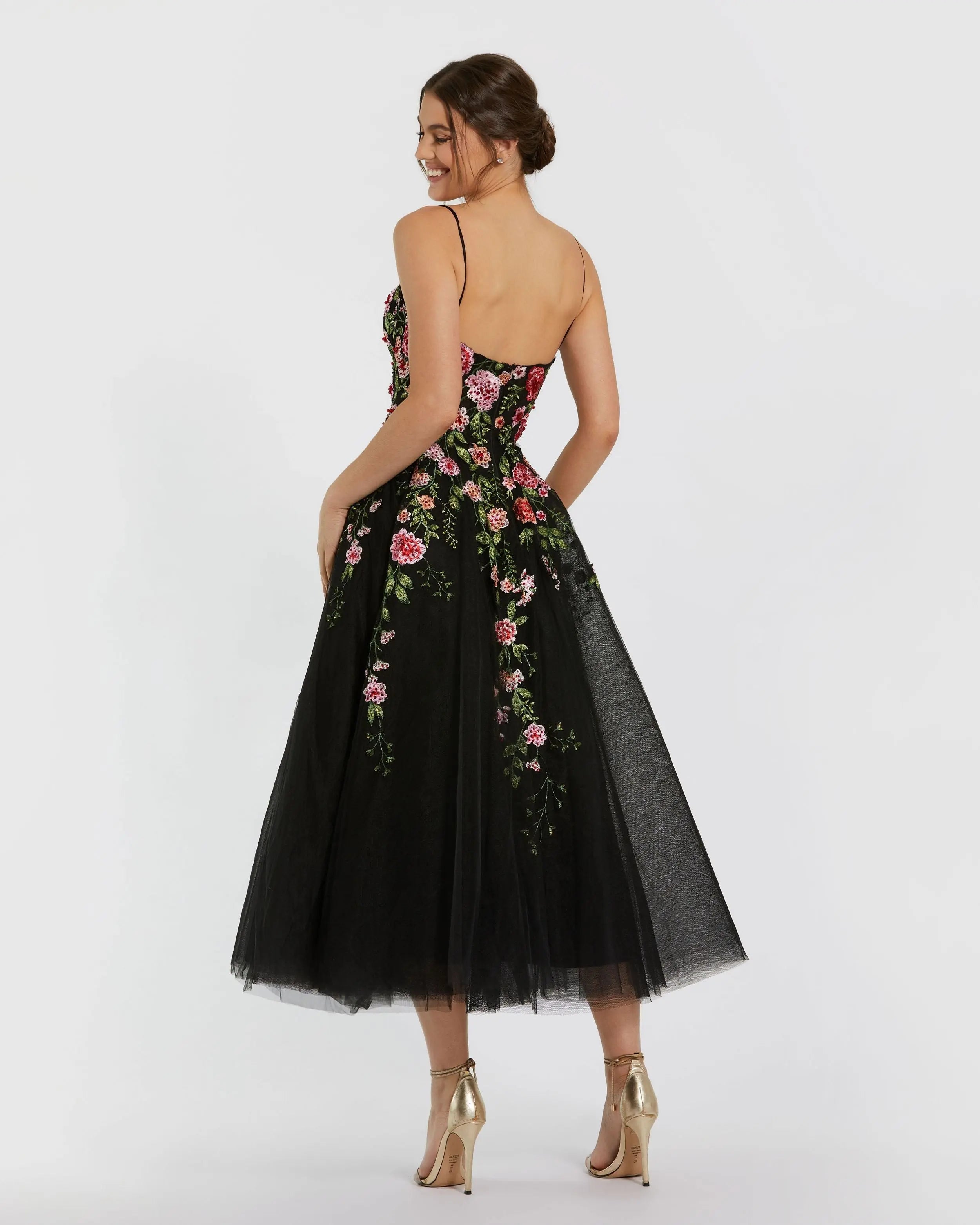 Black Multicolor Bustier Embroidered Floral A-Line Dress | Mac Duggal Black Multicolor Bustier Embroidered Floral A-Line Dress | Mac Duggal