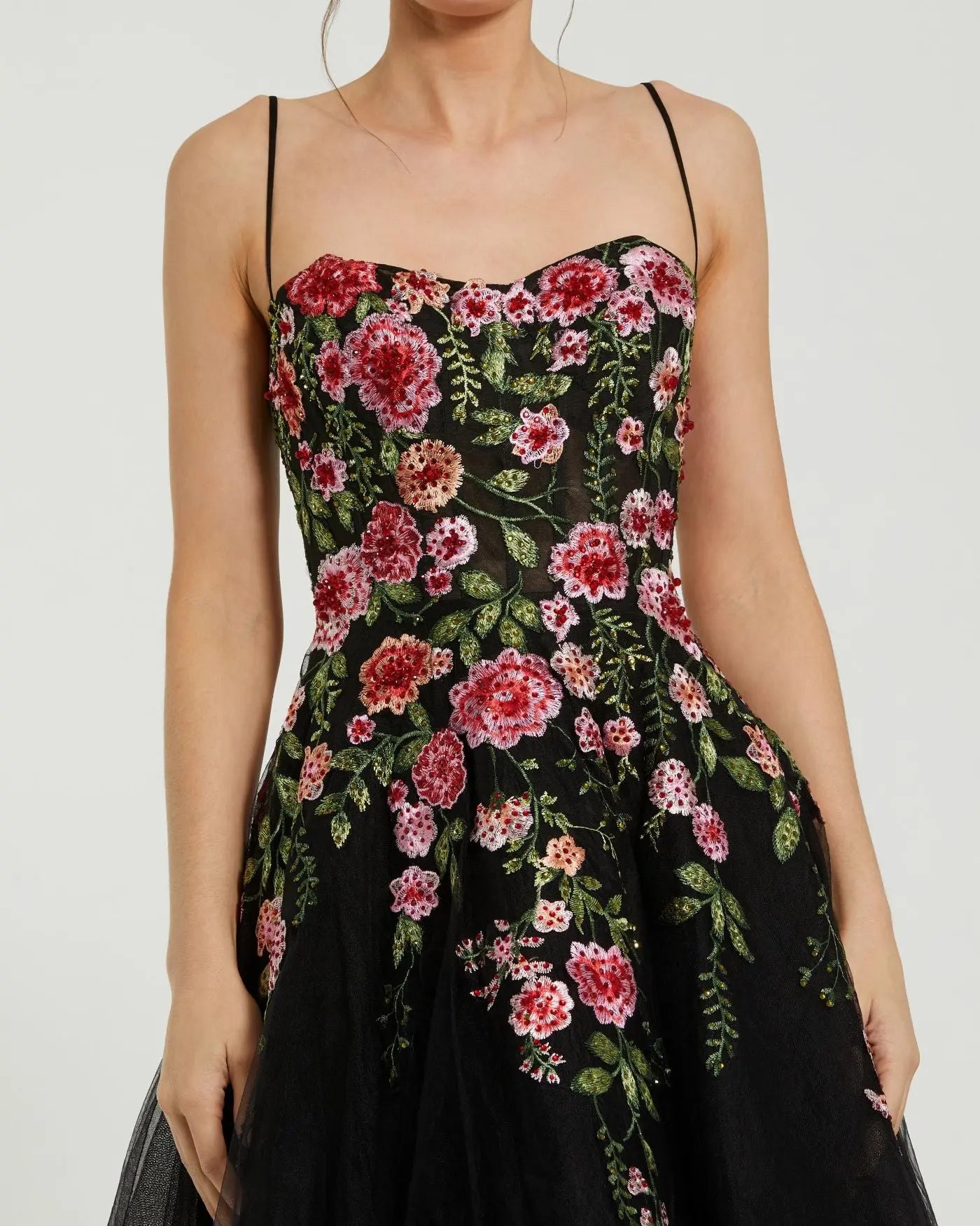Black Multicolor Bustier Embroidered Floral A-Line Dress Mac Duggal