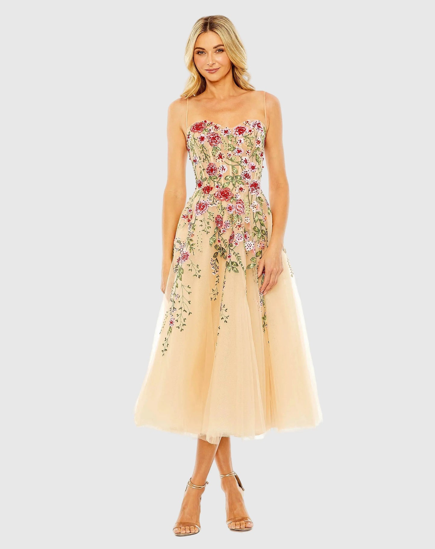 Mac Duggal Women's Cocktail Floral Embroidered Tulle Midi-Dress - Beige Multi