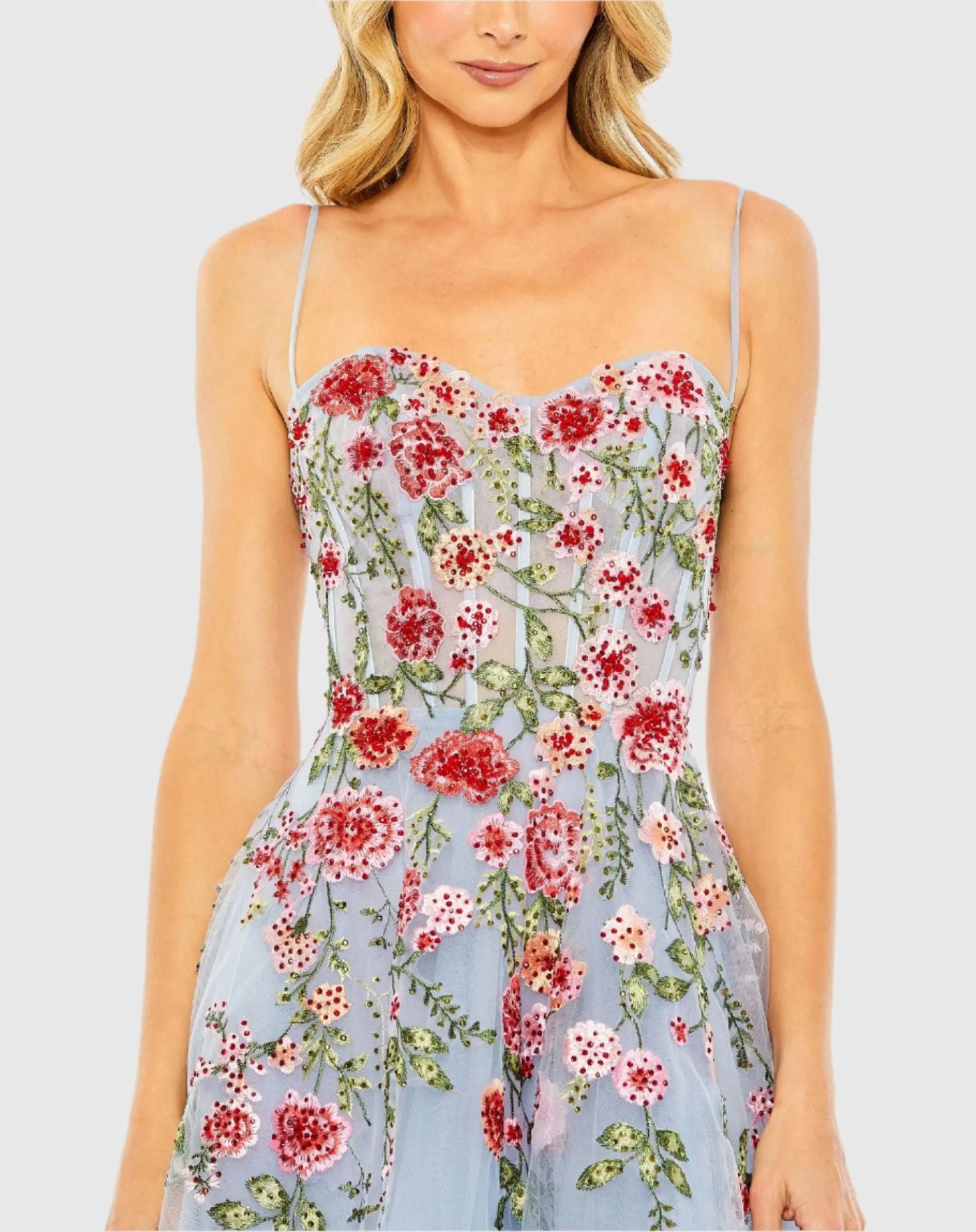 Mac Duggal - Blue Bustier Embroidered Floral A-Line Dress - US 6 Mac Duggal - Blue Bustier Embroidered Floral A-Line Dress - US 6