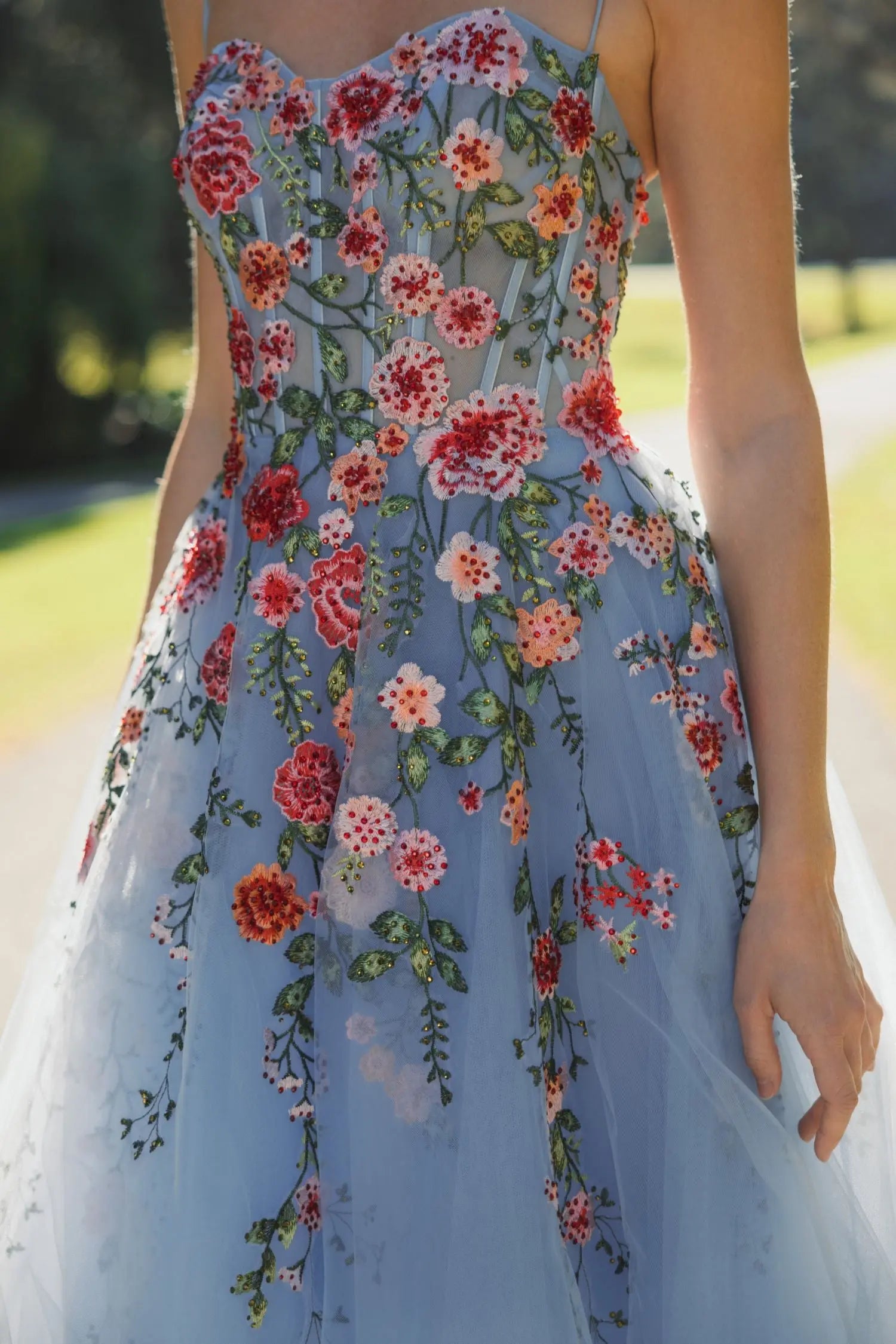 Blue Bustier Embroidered Floral A-Line Dress | Mac Duggal Blue Bustier Embroidered Floral A-Line Dress | Mac Duggal
