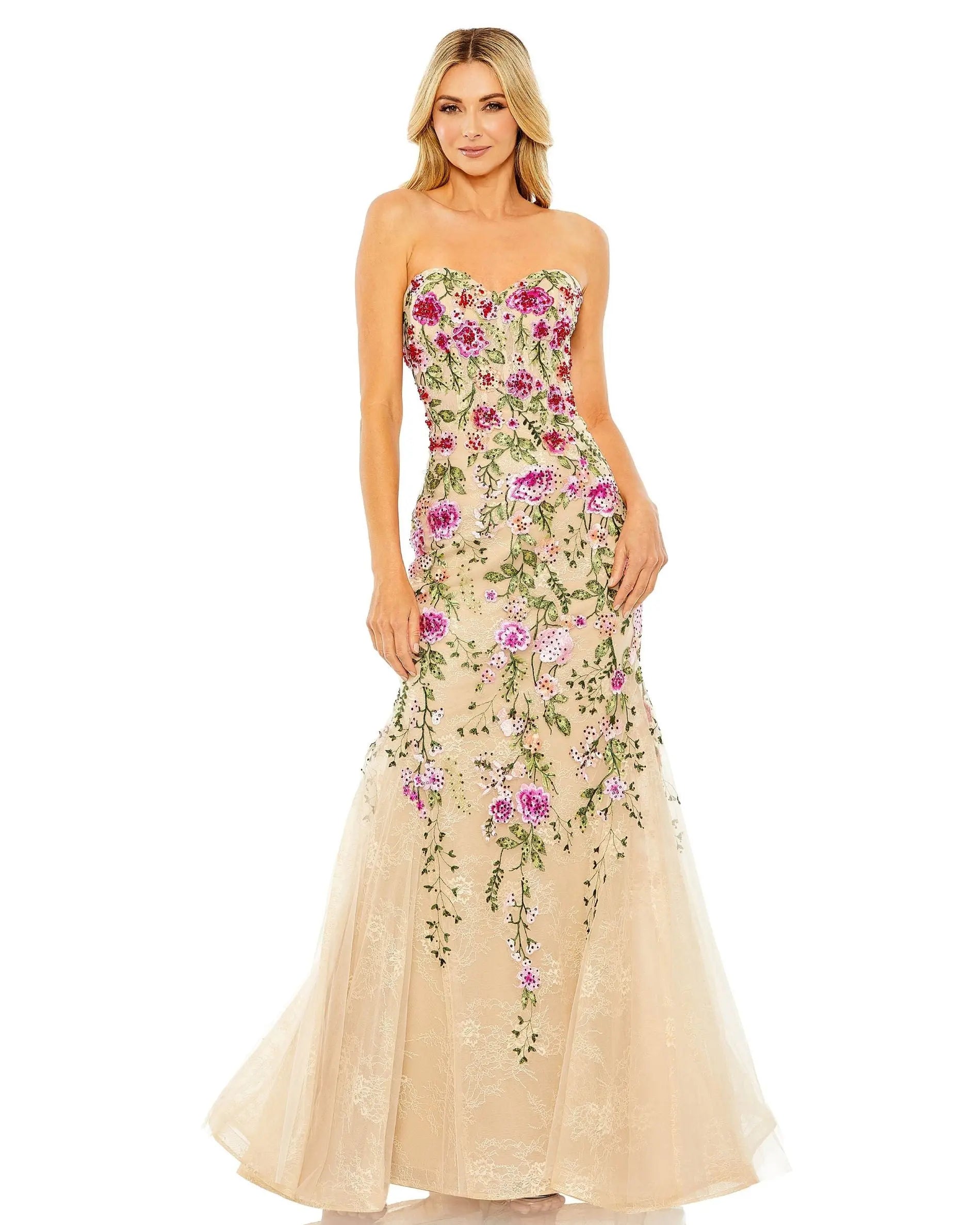 Beige Strapless Bustier Floral Embroidered Mermaid Gown Mac Duggal