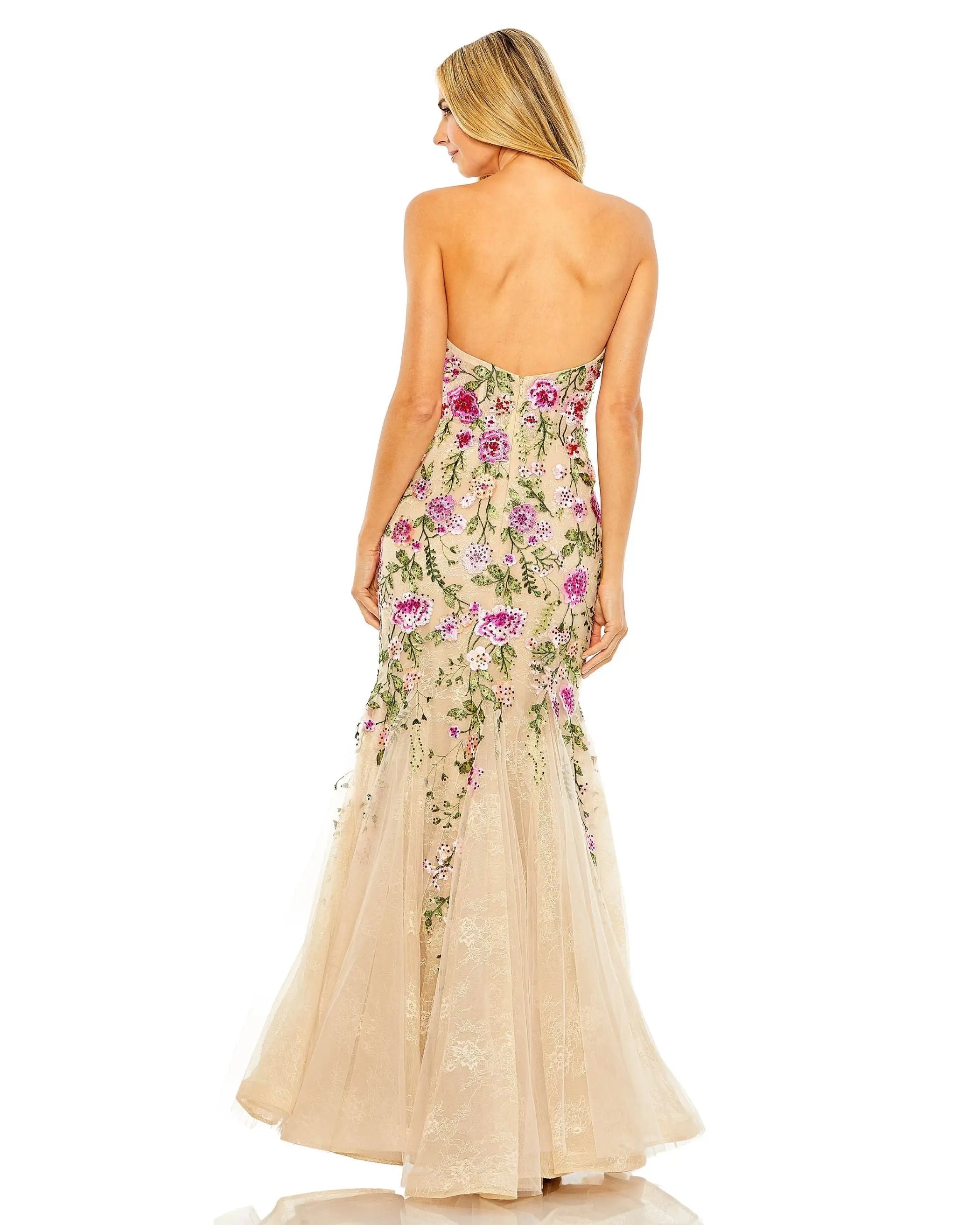 Beige Strapless Bustier Floral Embroidered Mermaid Gown Mac Duggal