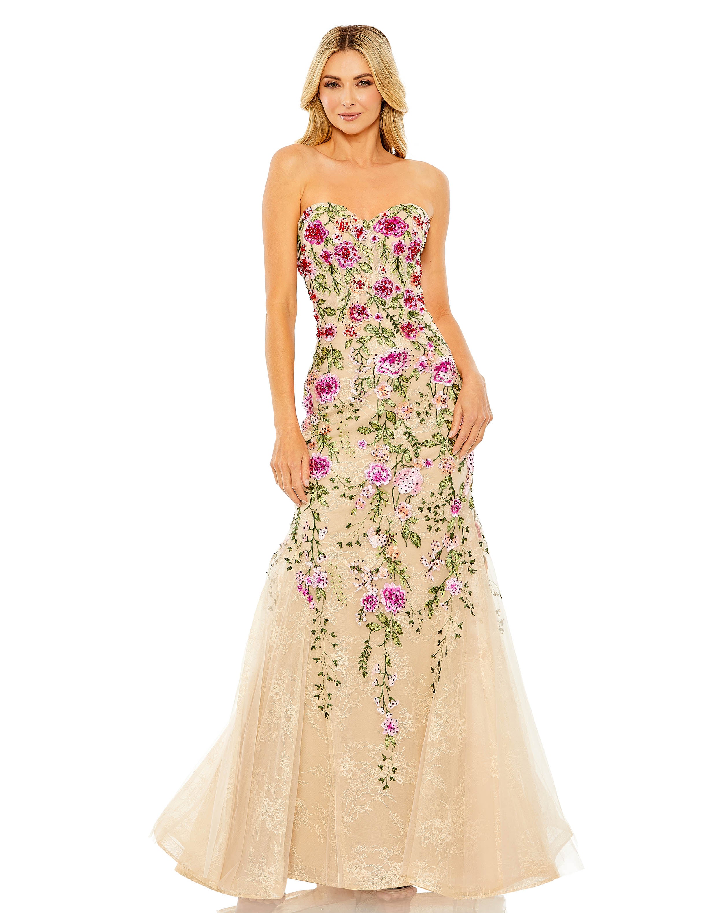 Strapless Sheer Bustier Embroidered Mermaid Gown