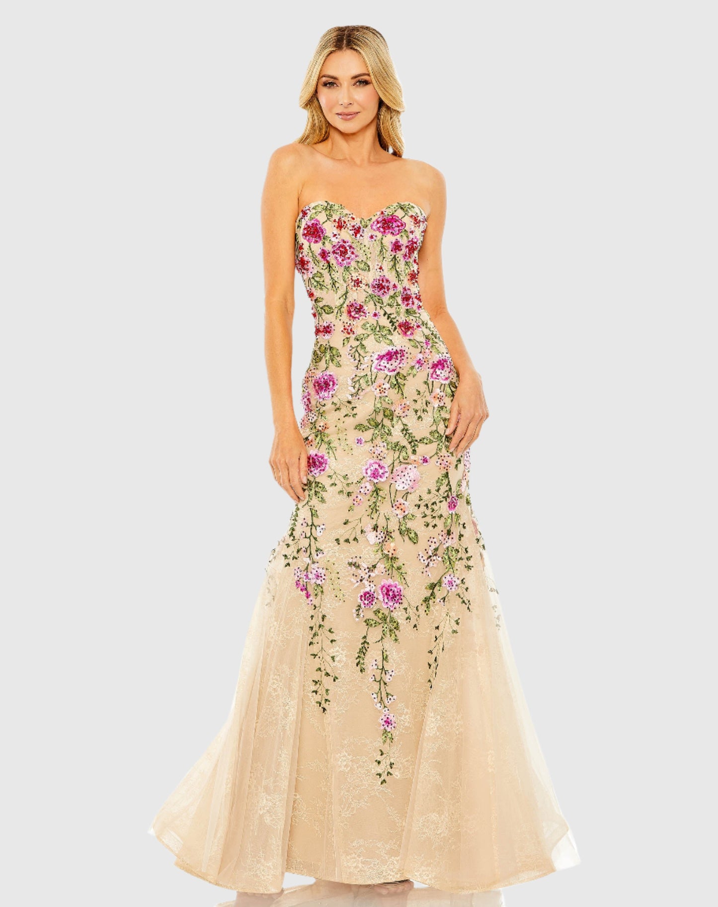 Strapless Sheer Bustier Embroidered Mermaid Gown