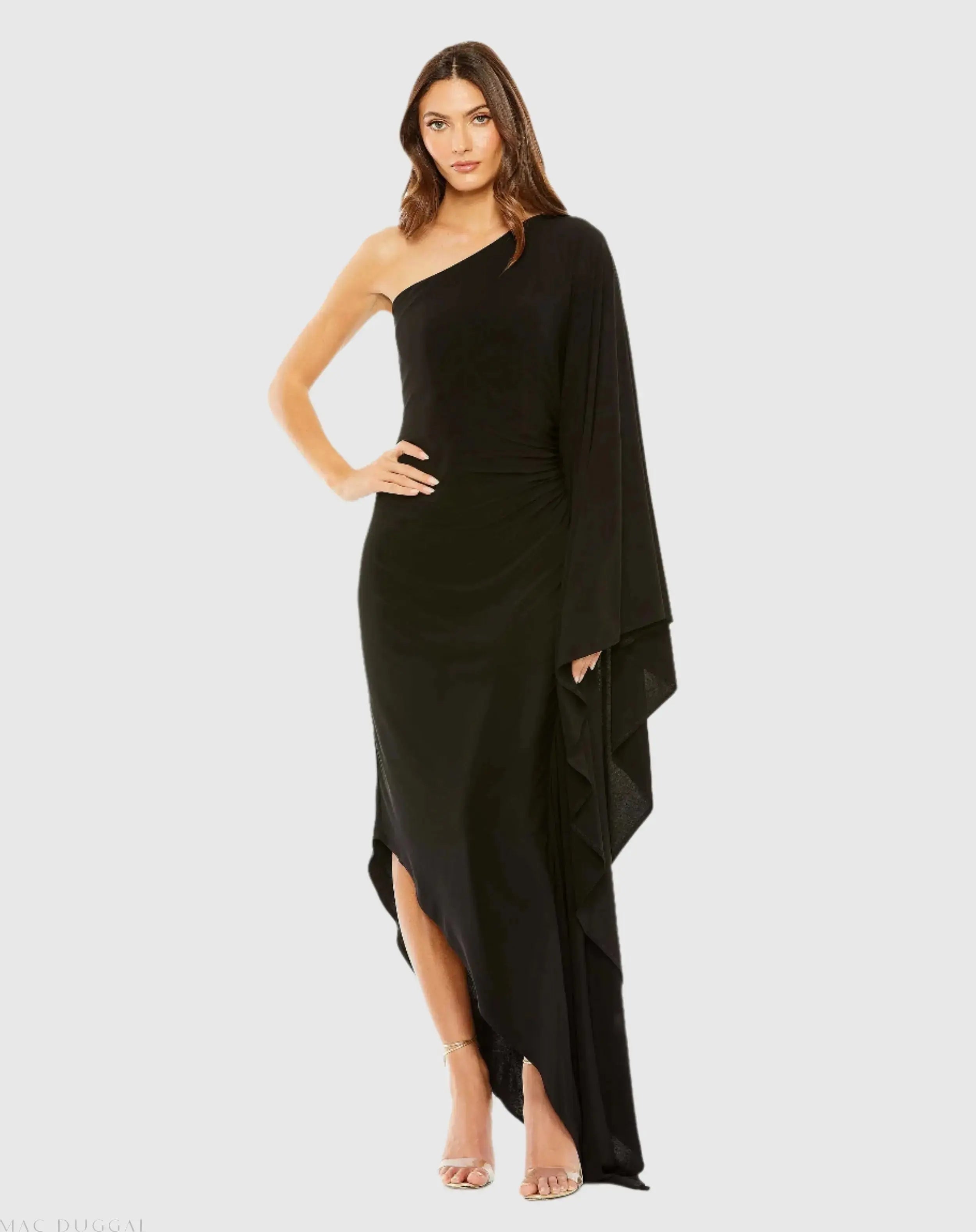 Black One Shoulder Cape Sleeve Ruched Detail Jersey Dress - Mac Duggal