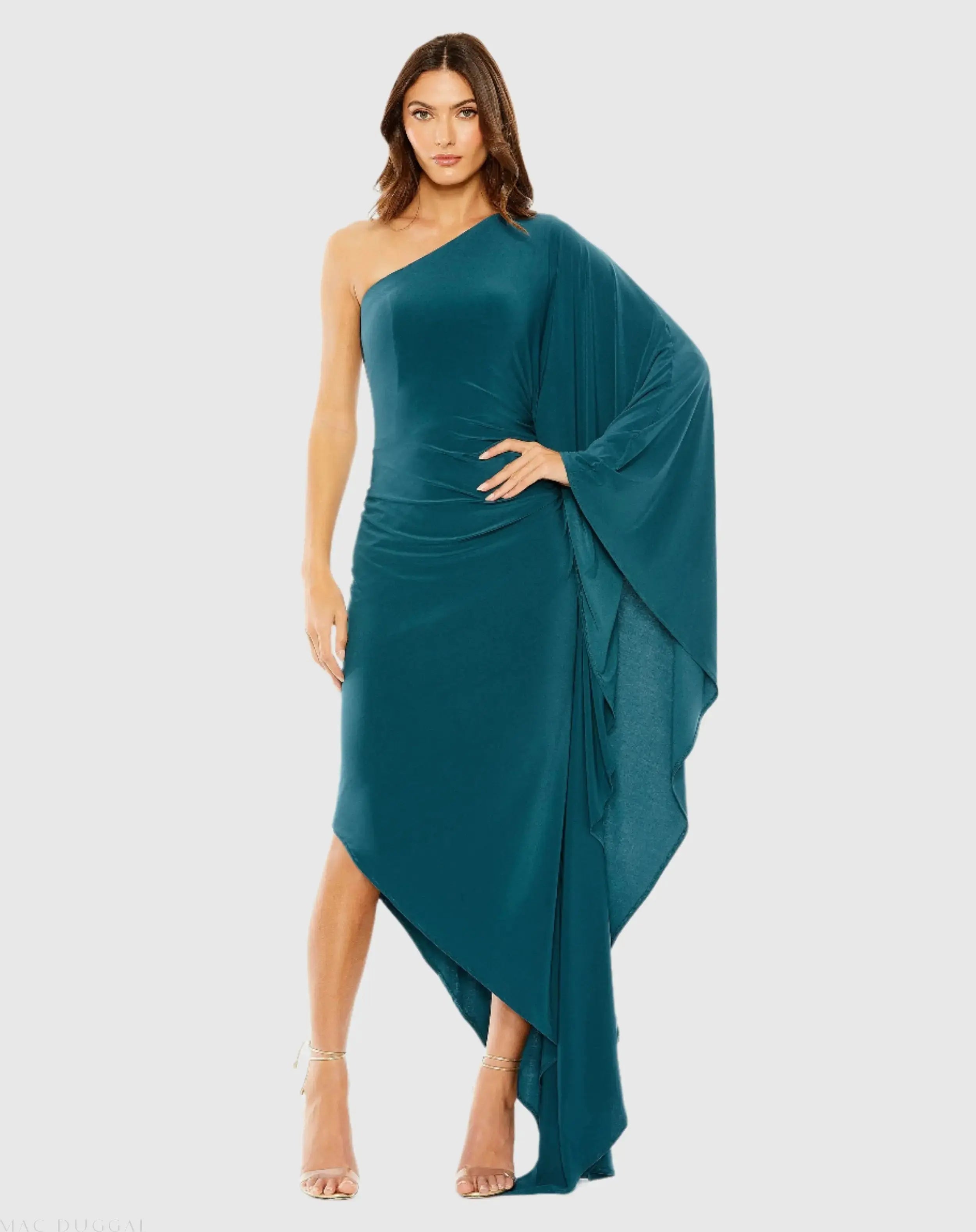 Blue One Shoulder Cape Sleeve Ruched Detail Jersey Gown - Mac Duggal