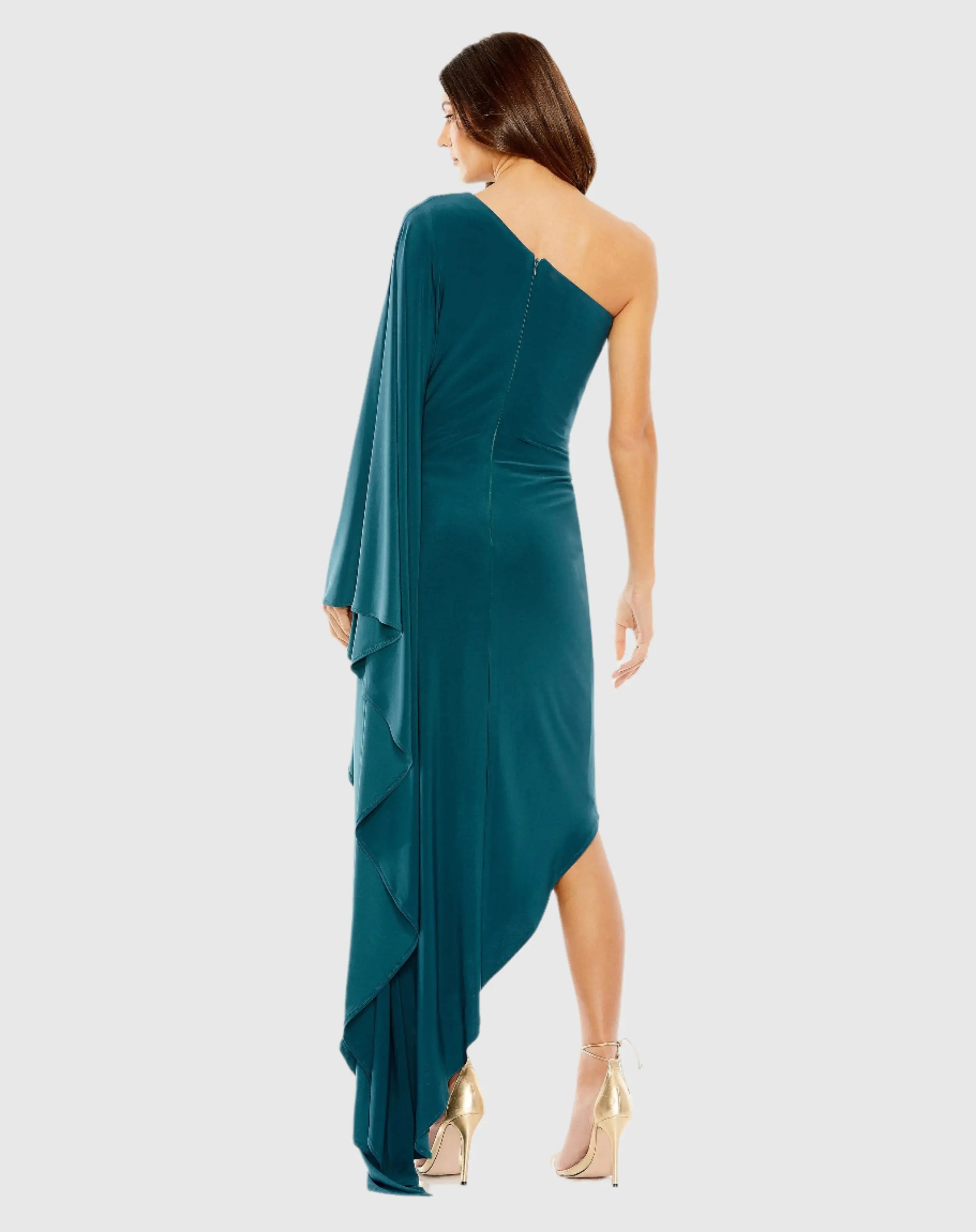 Blue One Shoulder Cape Sleeve Ruched Detail Jersey Gown - Mac Duggal