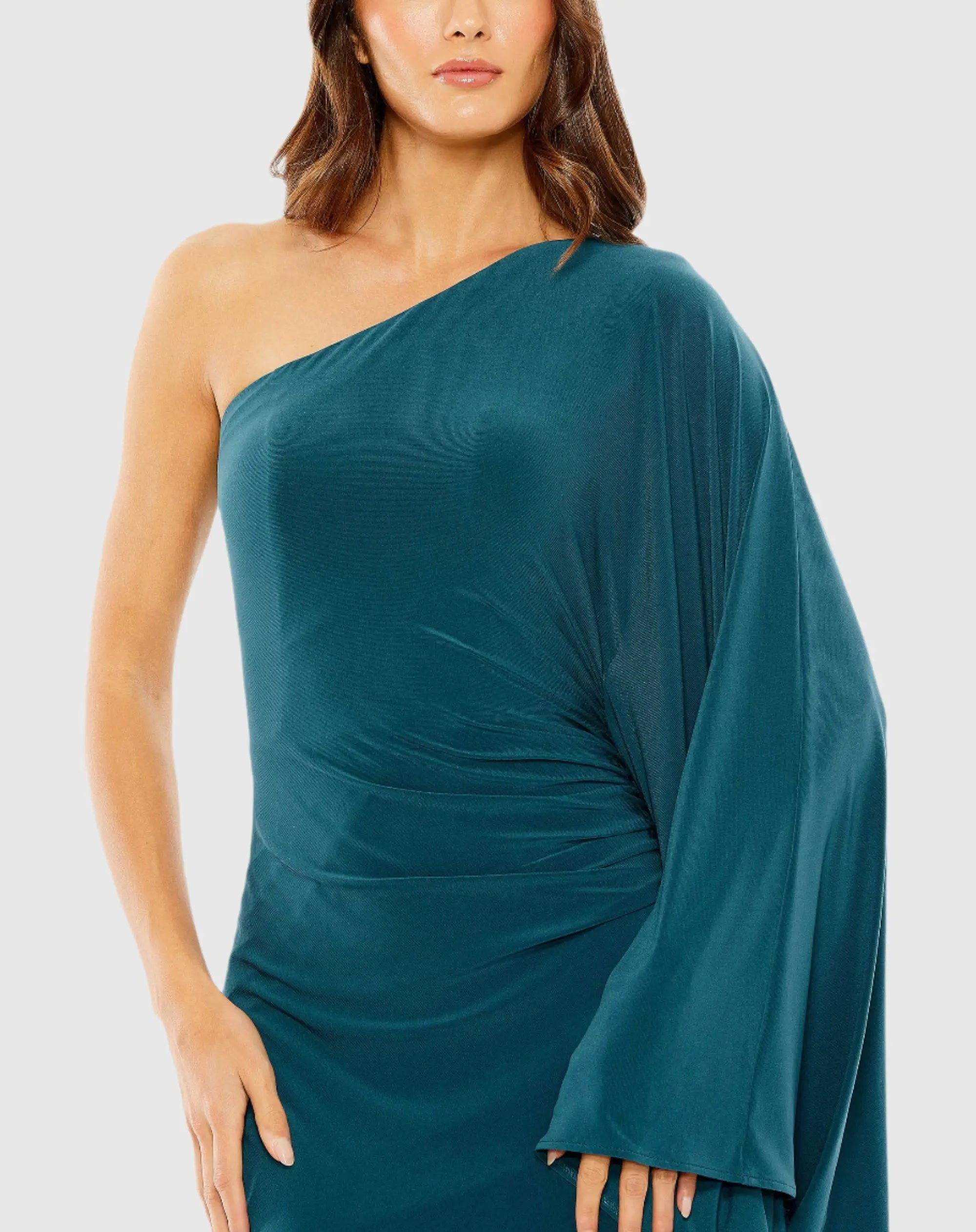 Blue One Shoulder Cape Sleeve Ruched Detail Jersey Gown - Mac Duggal