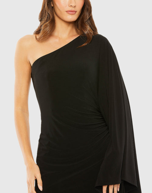 One Shoulder Cape Sleeve Ruched Detail Jersey Gown