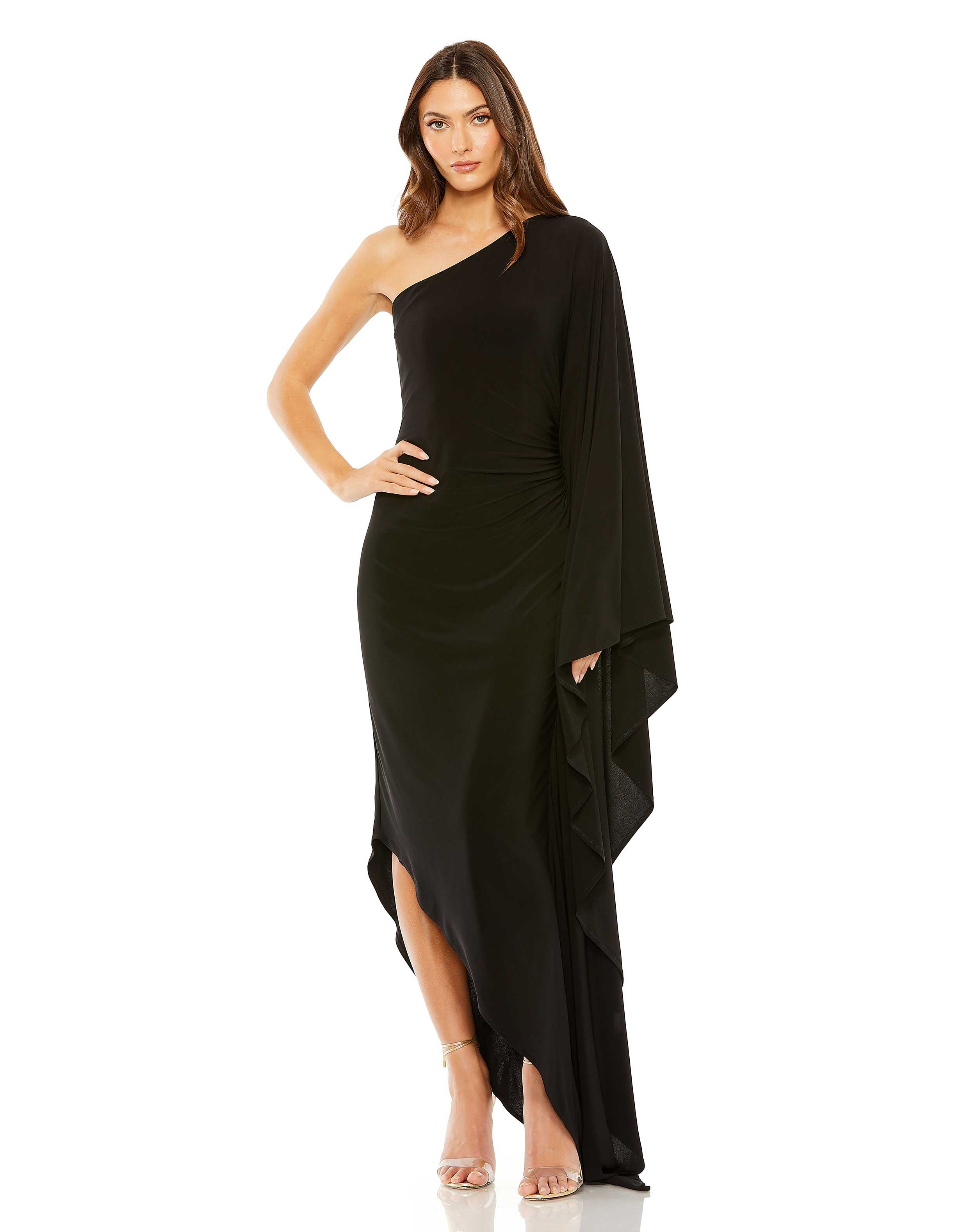 One Shoulder Cape Sleeve Ruched Detail Jersey Gown