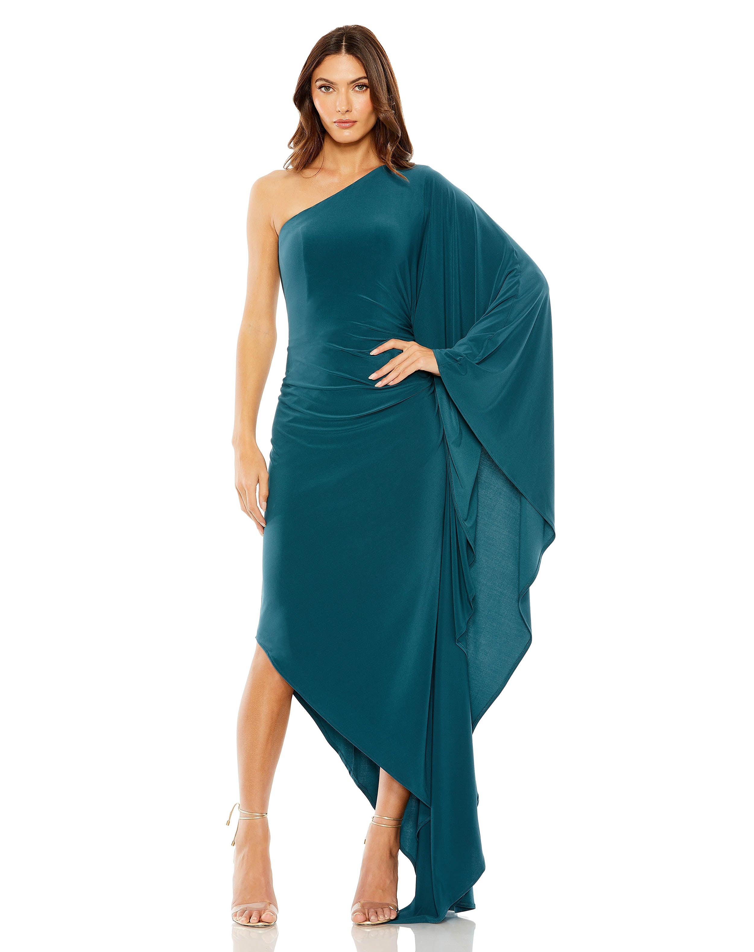 One Shoulder Cape Sleeve Ruched Detail Jersey Gown