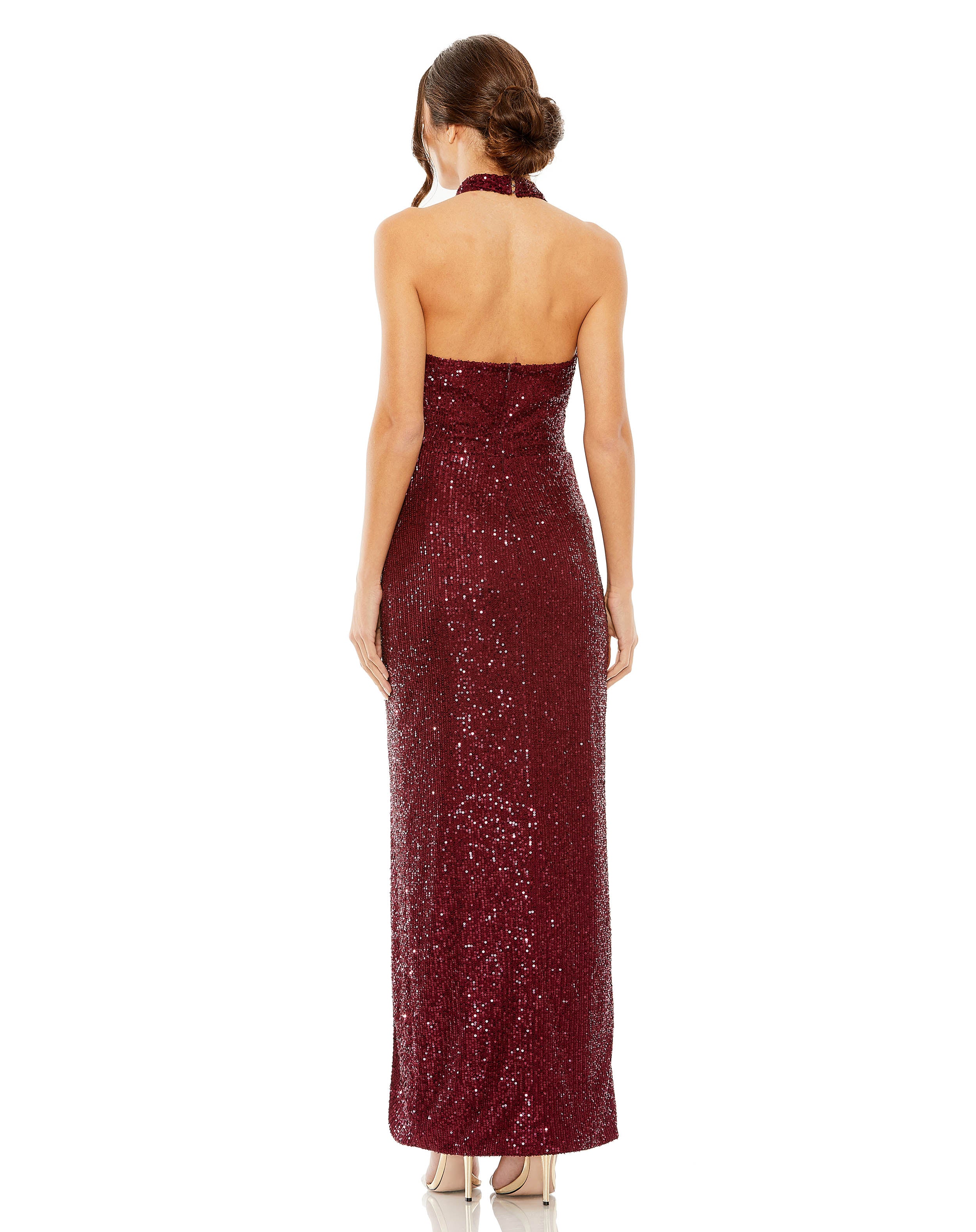 Halter Front Cut-Out Ruched High Slit Sequin Gown | Sample | Sz. XS